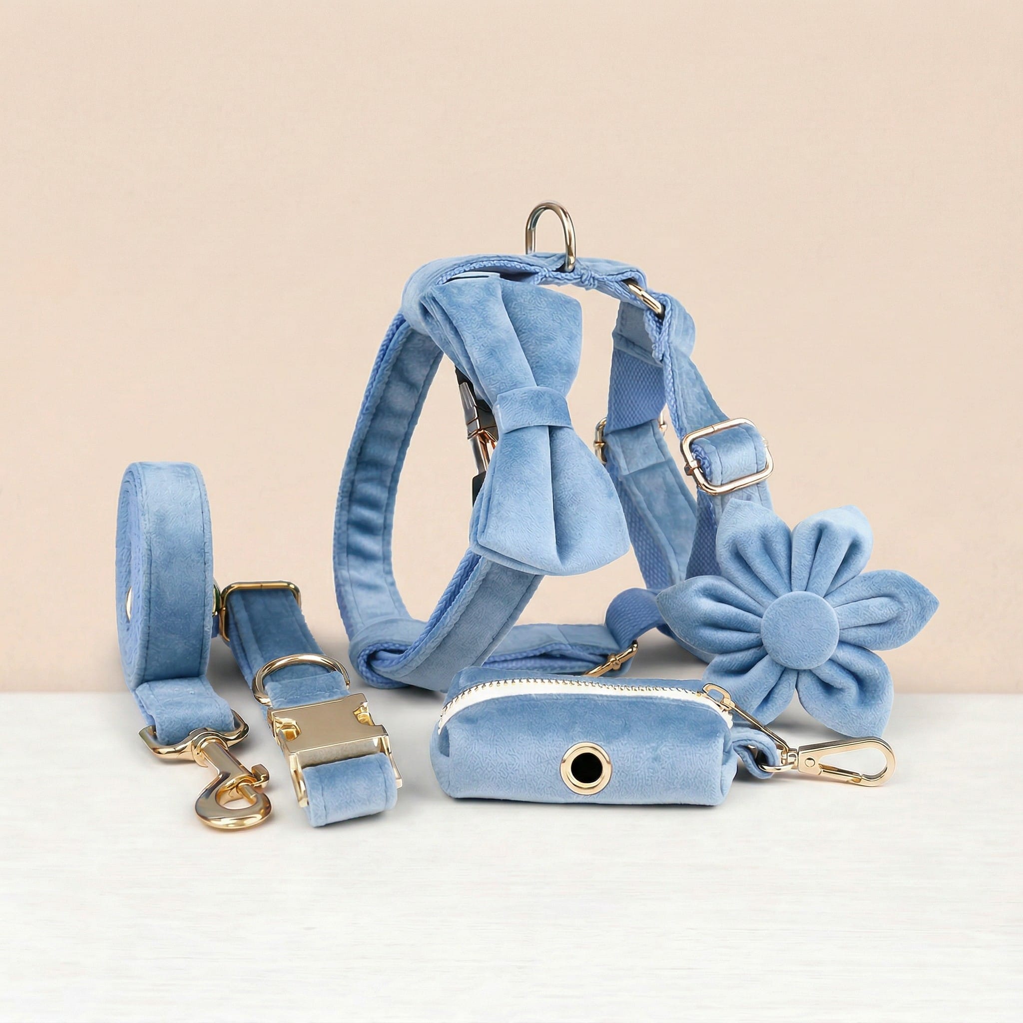 Personalized Blue Velvet Dog Harness Set with Collar & Leash