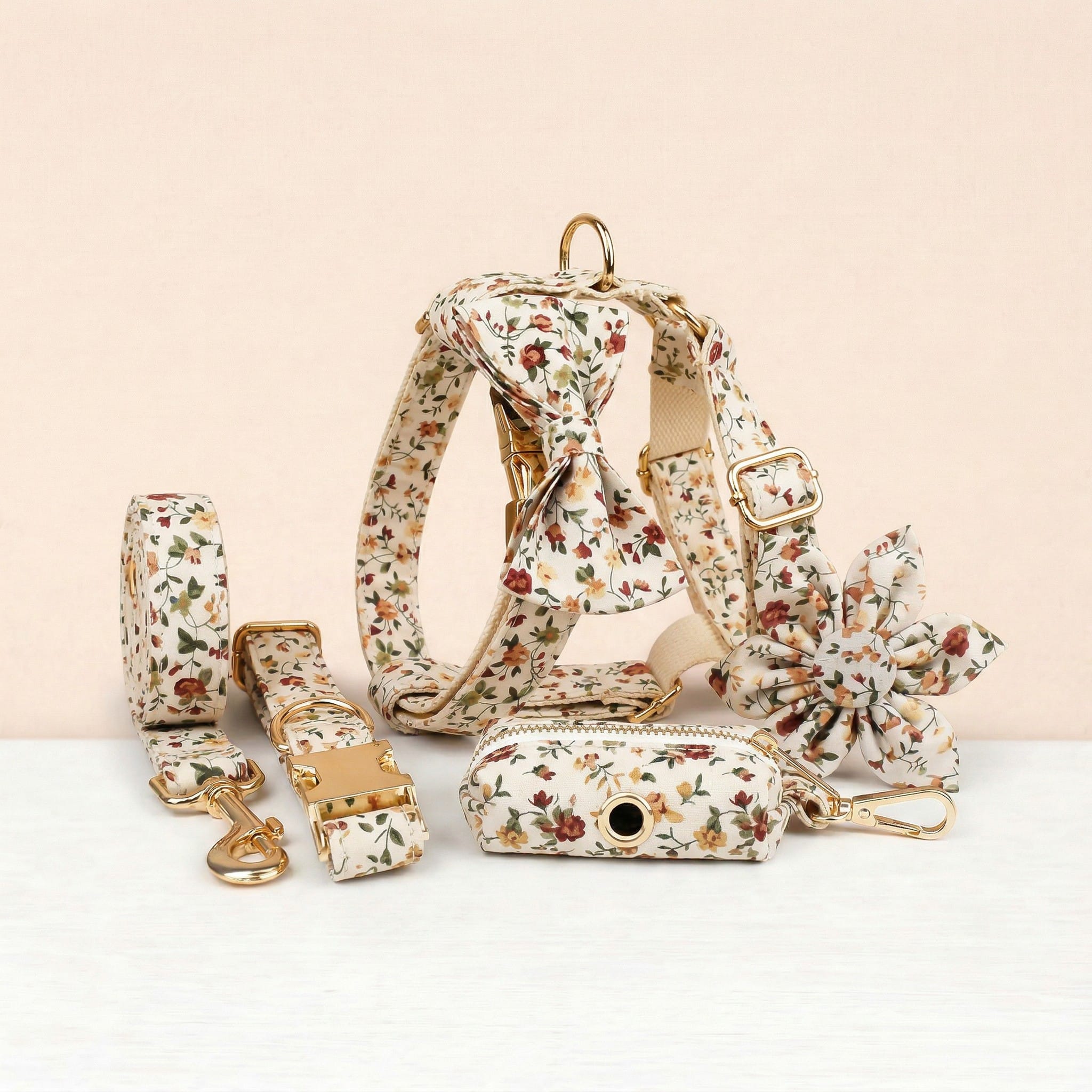 Personalized Soft Ivory Blossom Floral Dog Collar, Harness & Leash