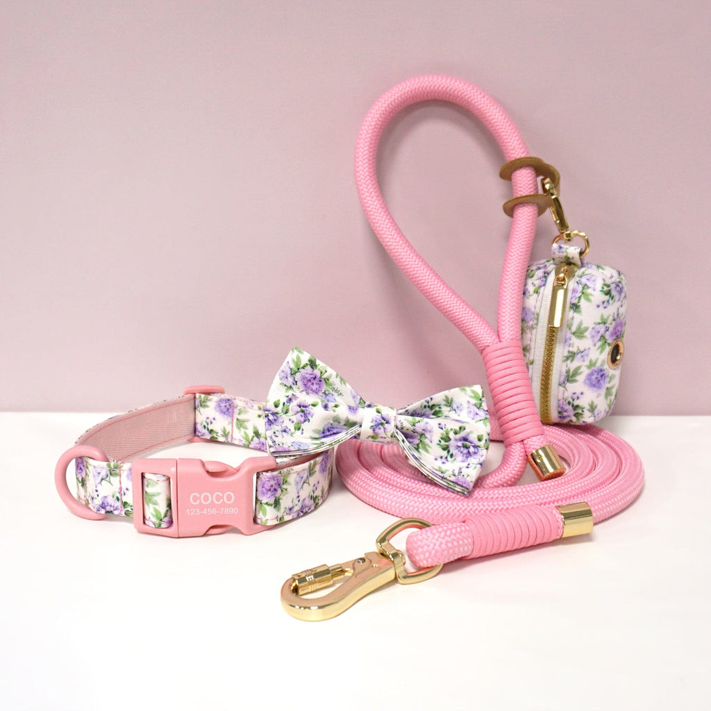 Personalized Light Weight Dog Collar Bowtie Leash Poop Bag Set