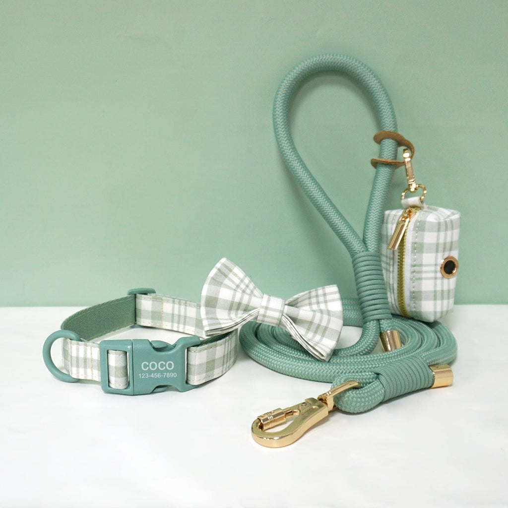 Personalized Light Weight Dog Collar Bowtie Leash Poop Bag Set