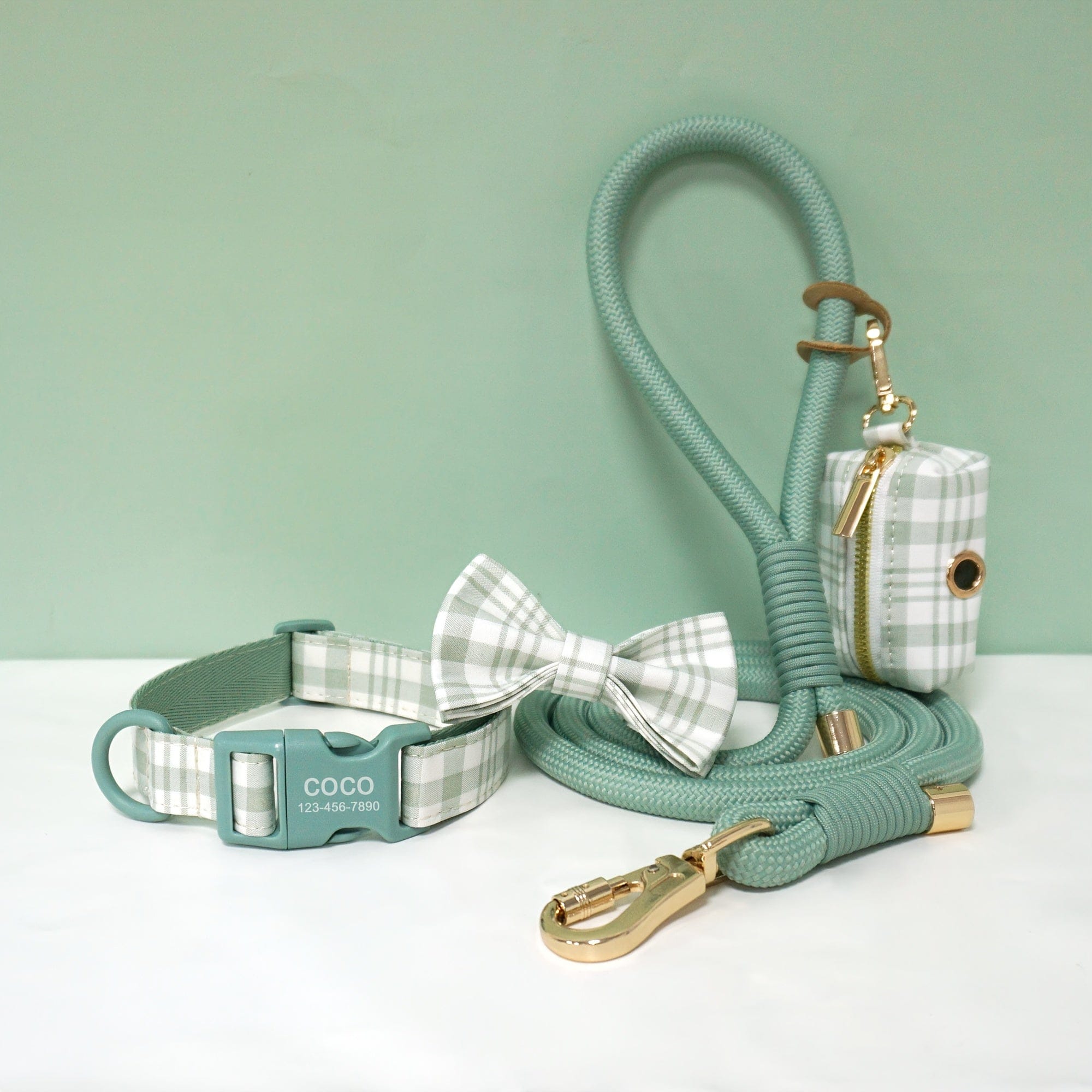 Personalized Light Weight Dog Collar Bowtie Leash Poop Bag Set
