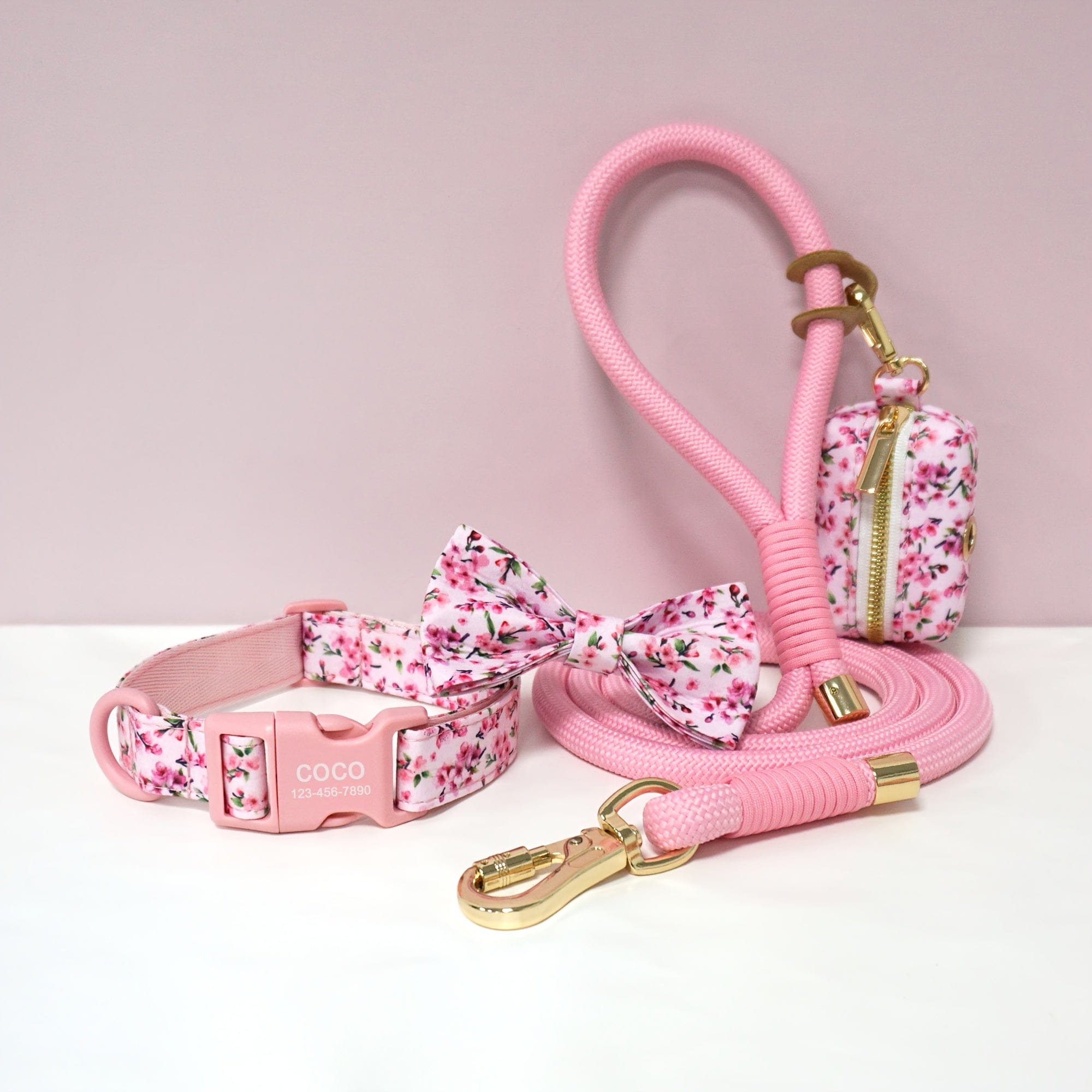 Personalized Light Weight Dog Collar Bowtie Leash Poop Bag Set