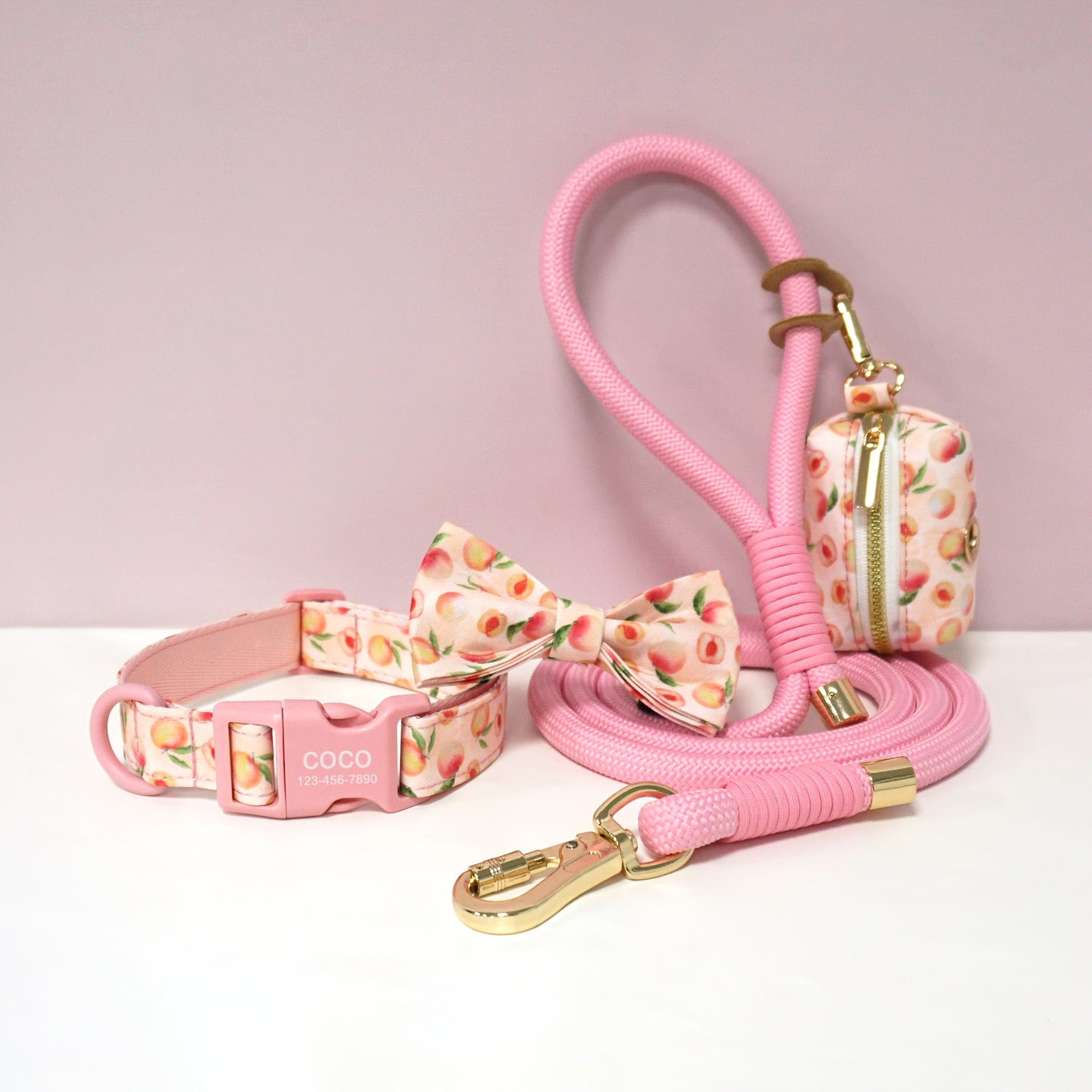 Personalized Light Weight Dog Collar Bowtie Leash Poop Bag Set