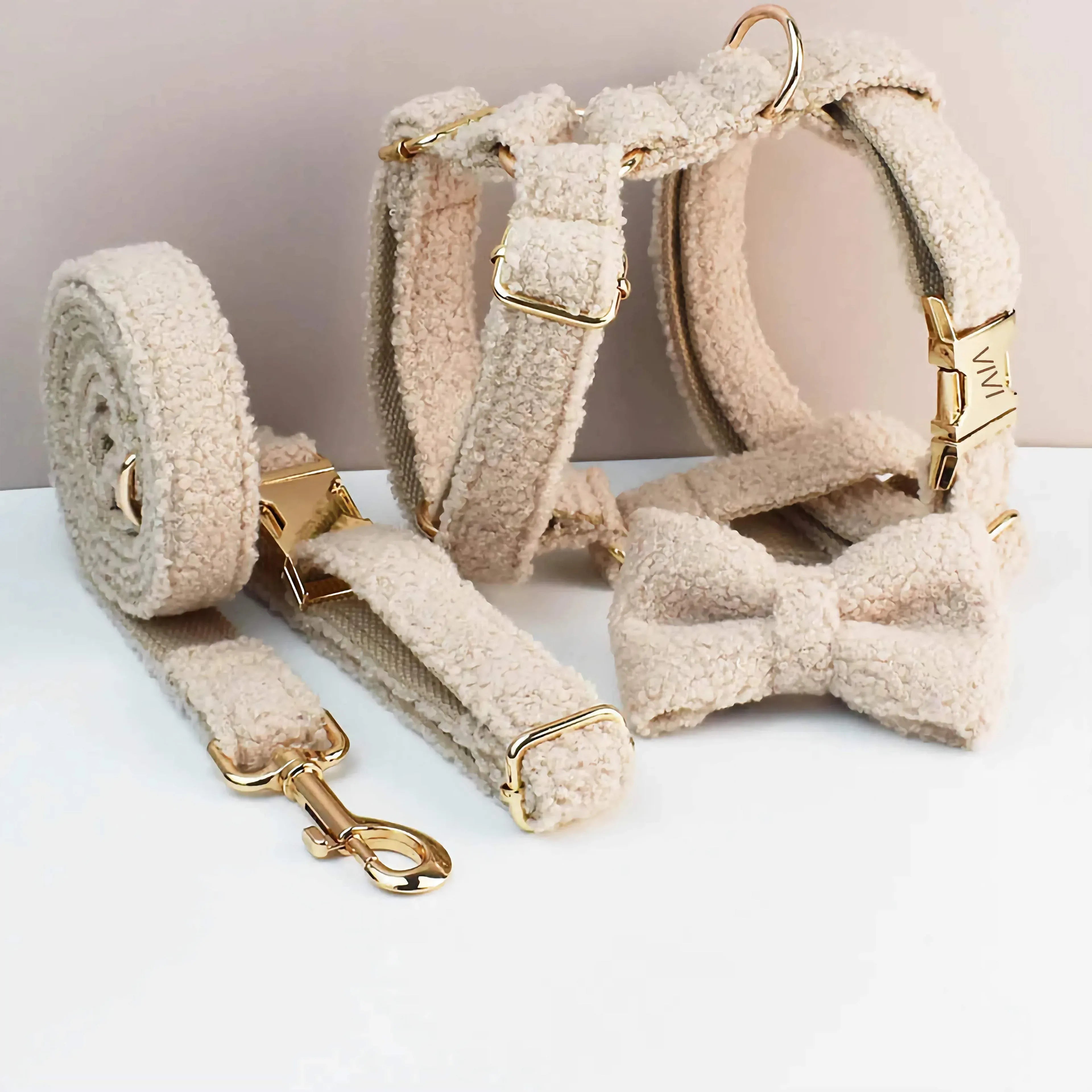 D&D Paws  Beige Teddy Dog Collar, Harness & Leash Set – Classic Elegance Personalized