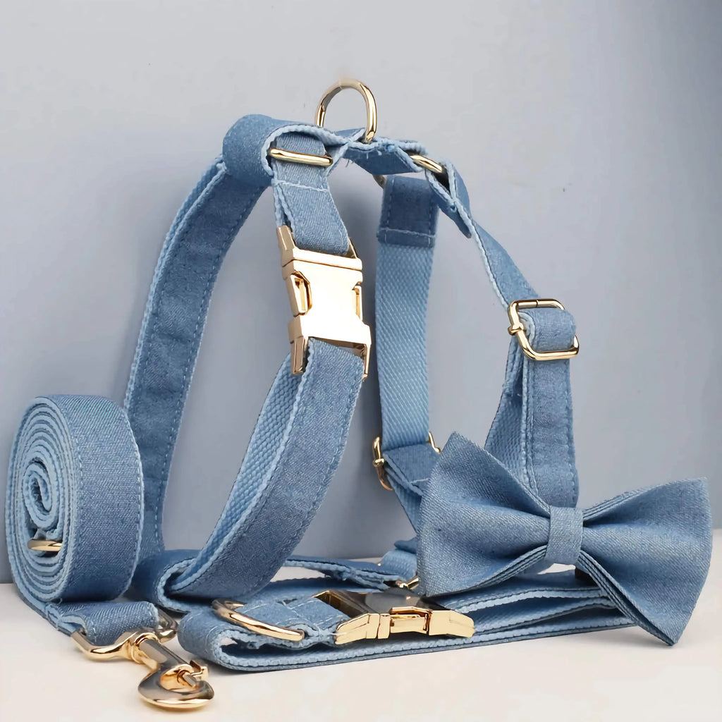 D&D Paws  Blue Denim Dog Harness, Collar & Leash Set – Classic Elegance Collection
