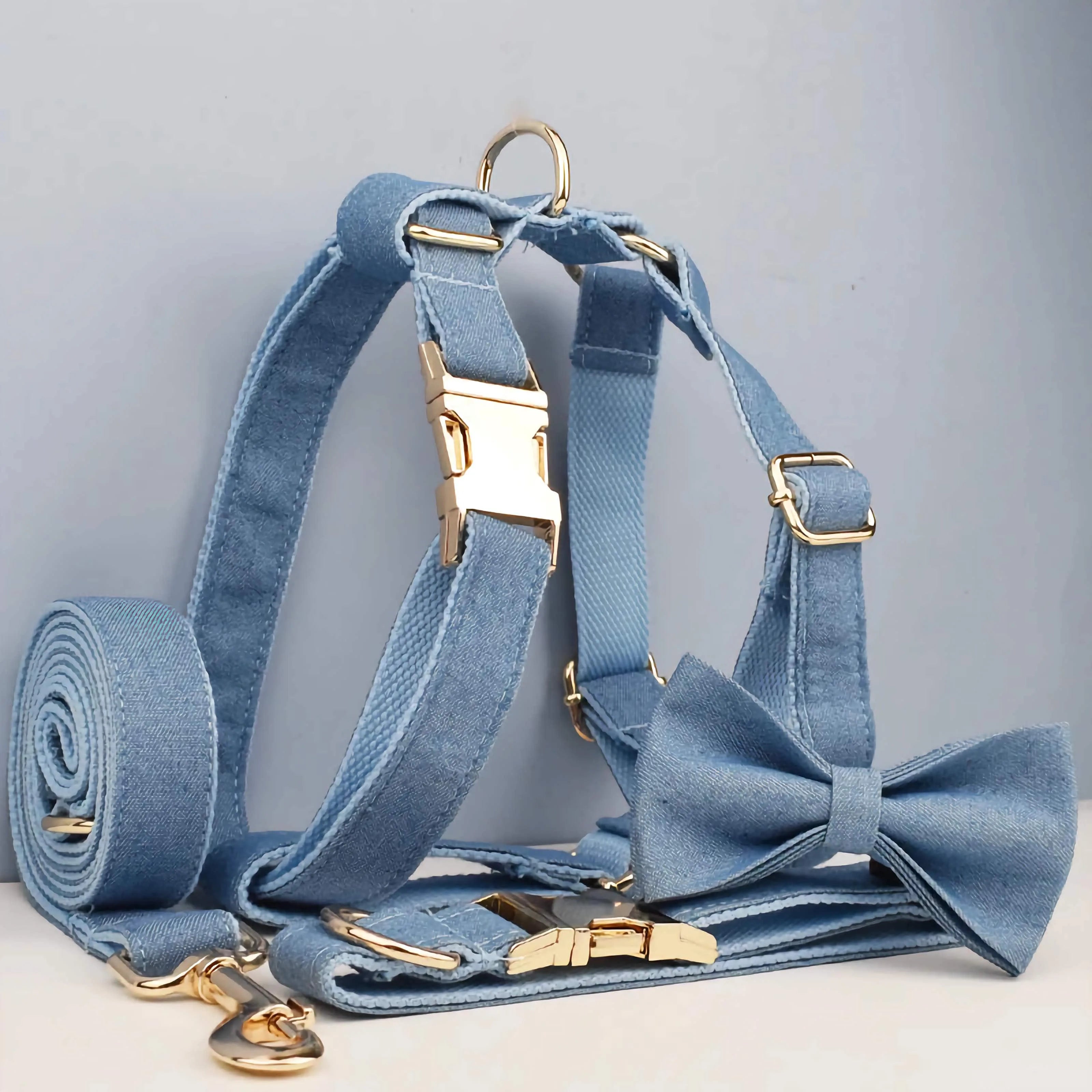 D&D Paws  Blue Denim Dog Harness, Collar & Leash Set – Classic Elegance Collection