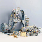 D&D Paws  Dusty Blue Blossom Floral Dog Collar, Harness & Leash Set – Personalized
