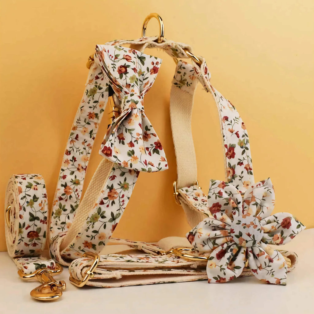 D&D Paws  Soft Ivory Blossom Floral Dog Collar, Harness & Leash Set – Personalized
