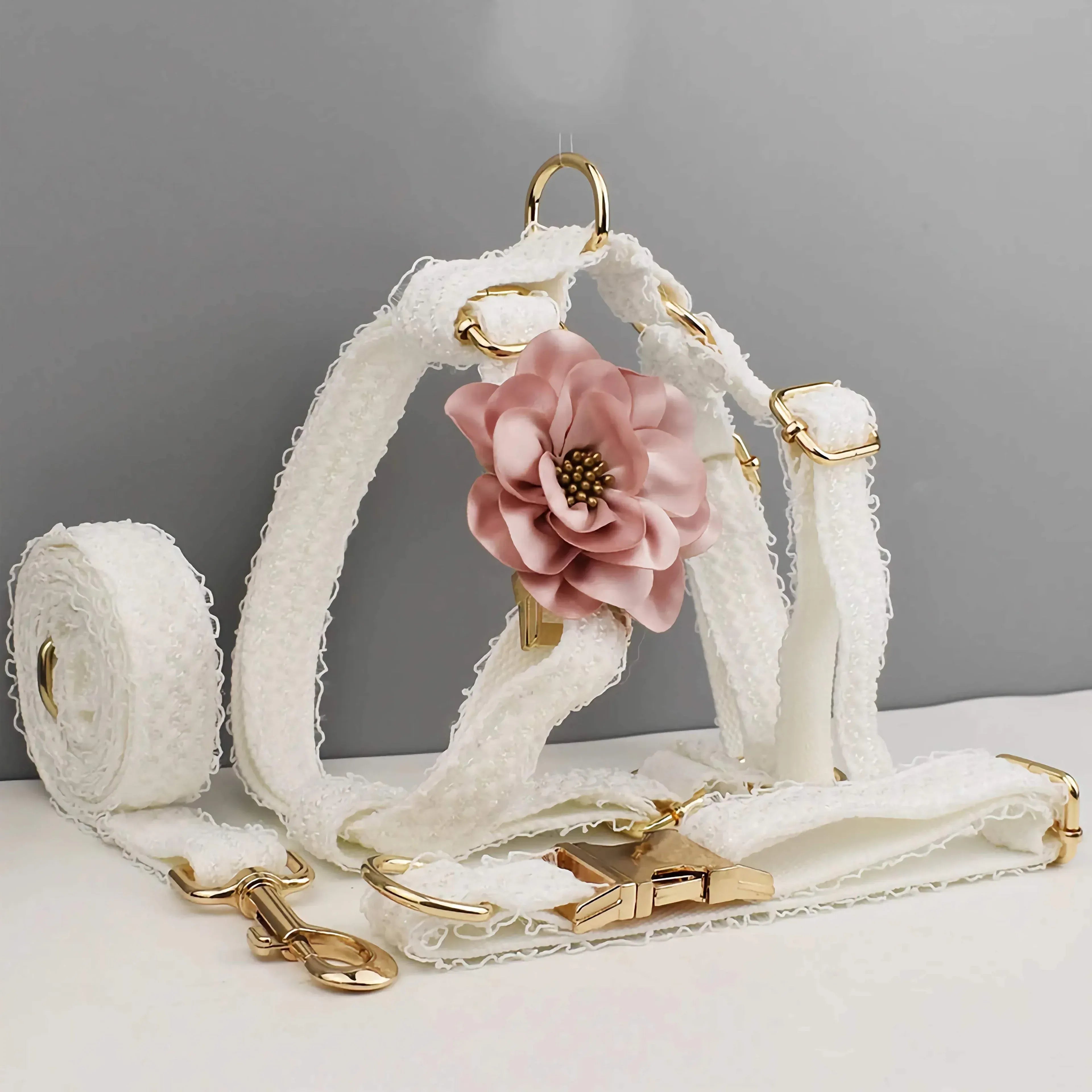 D&D Paws  White Lace Dog Harness, Collar & Leash Set – Floral Collection Personalized