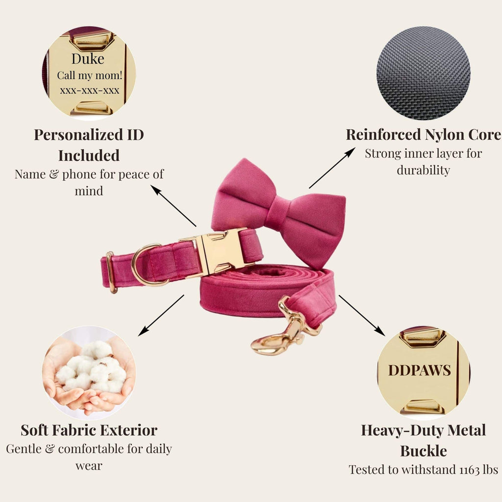 DDPaws  Rose Red Velvet Dog Collar Leash and Harness Set