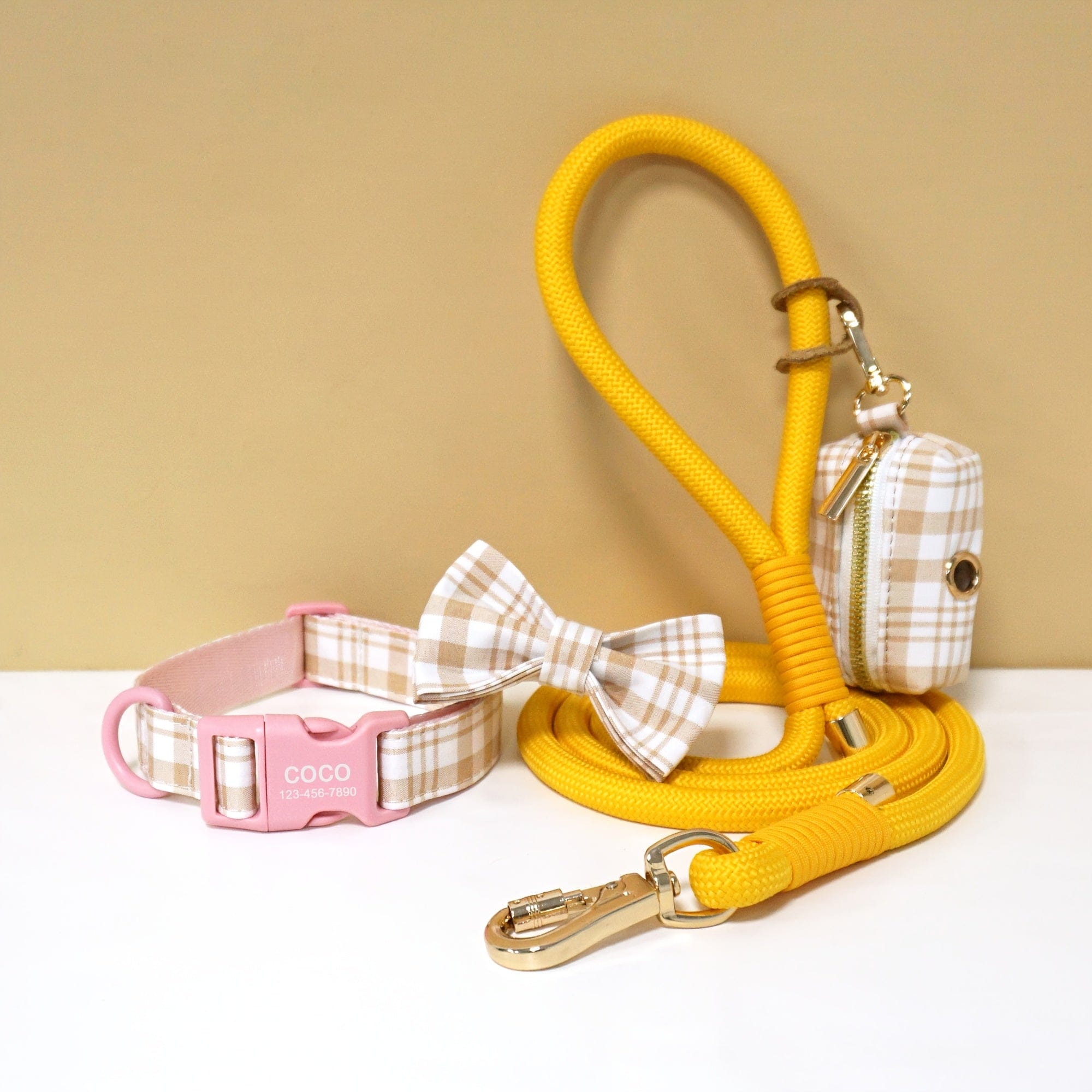 Personalized Light Weight Dog Collar Bowtie Leash Poop Bag Set