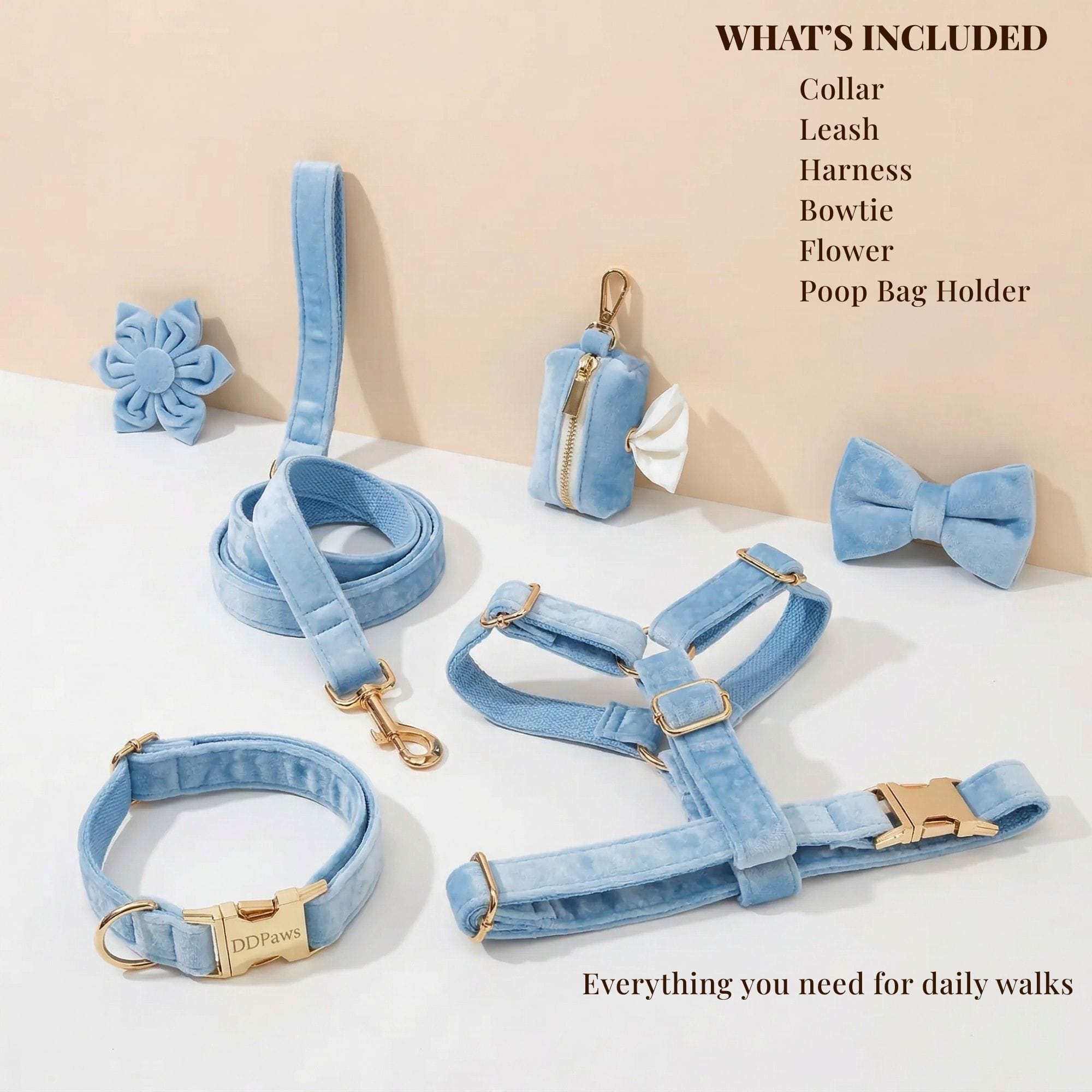 Personalized Blue Velvet Dog Harness Set with Collar & Leash