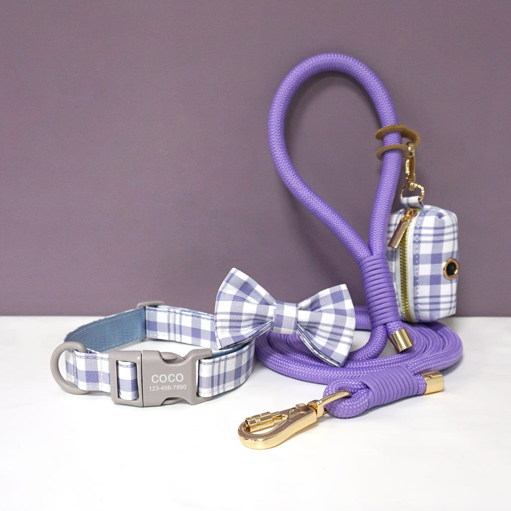 Personalized Light Weight Dog Collar Bowtie Leash Poop Bag Set