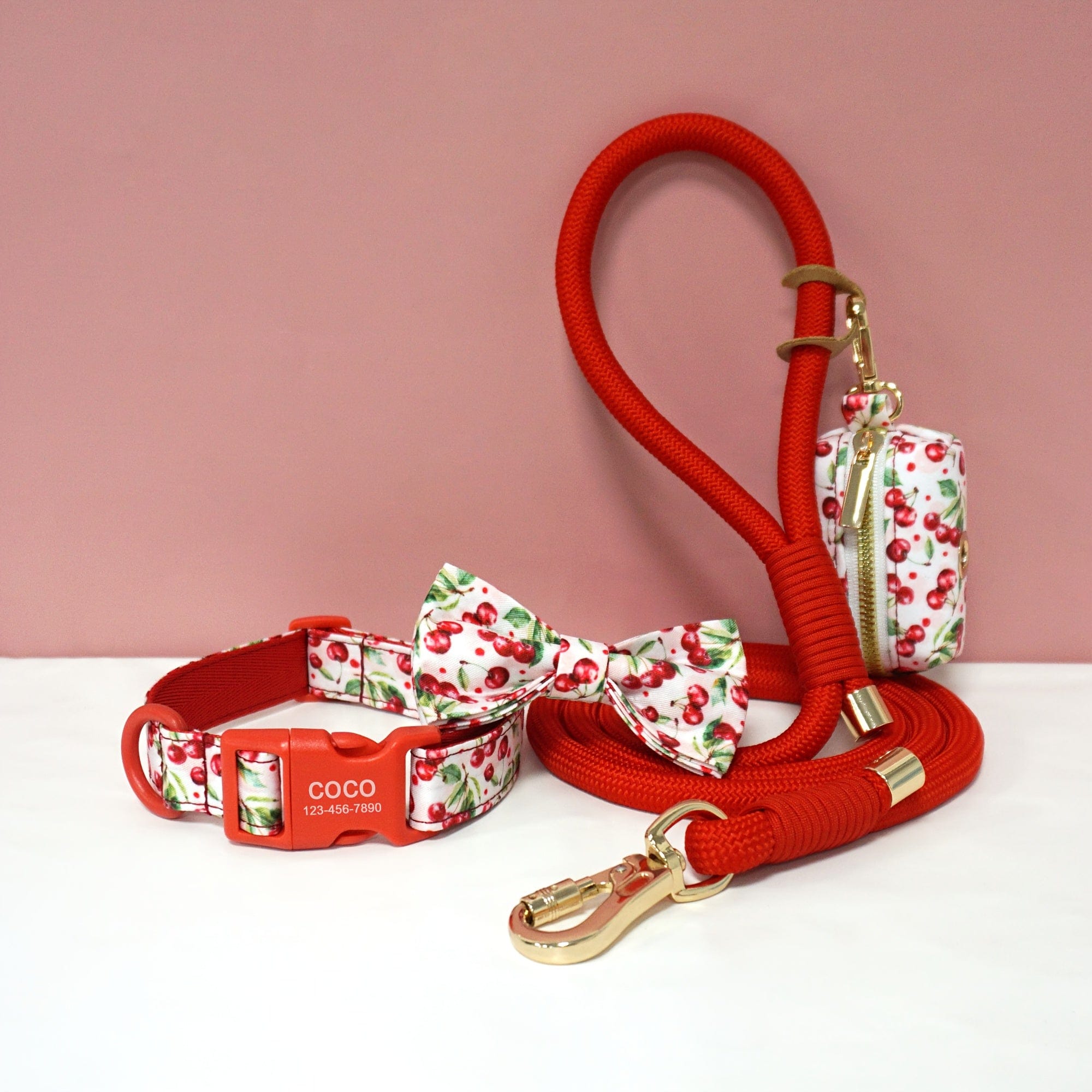 Personalized Light Weight Dog Collar Bowtie Leash Poop Bag Set