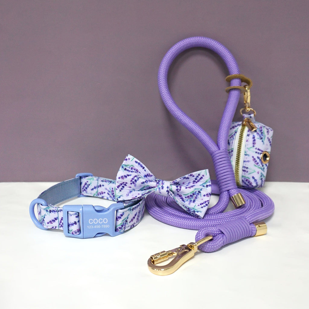 Personalized Light Weight Dog Collar Bowtie Leash Poop Bag Set