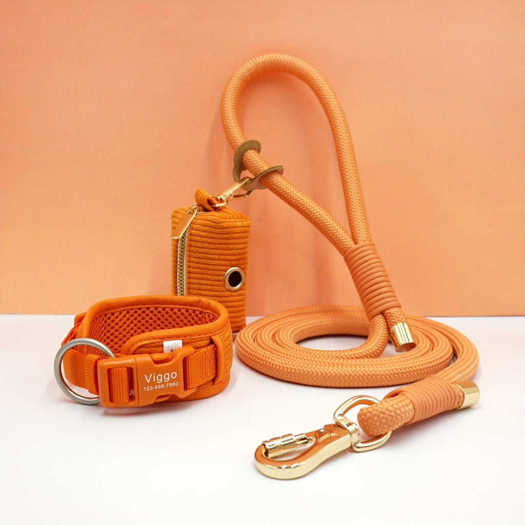 Personalized Light Weight Corduroy Dog Collar Rope Leash Set
