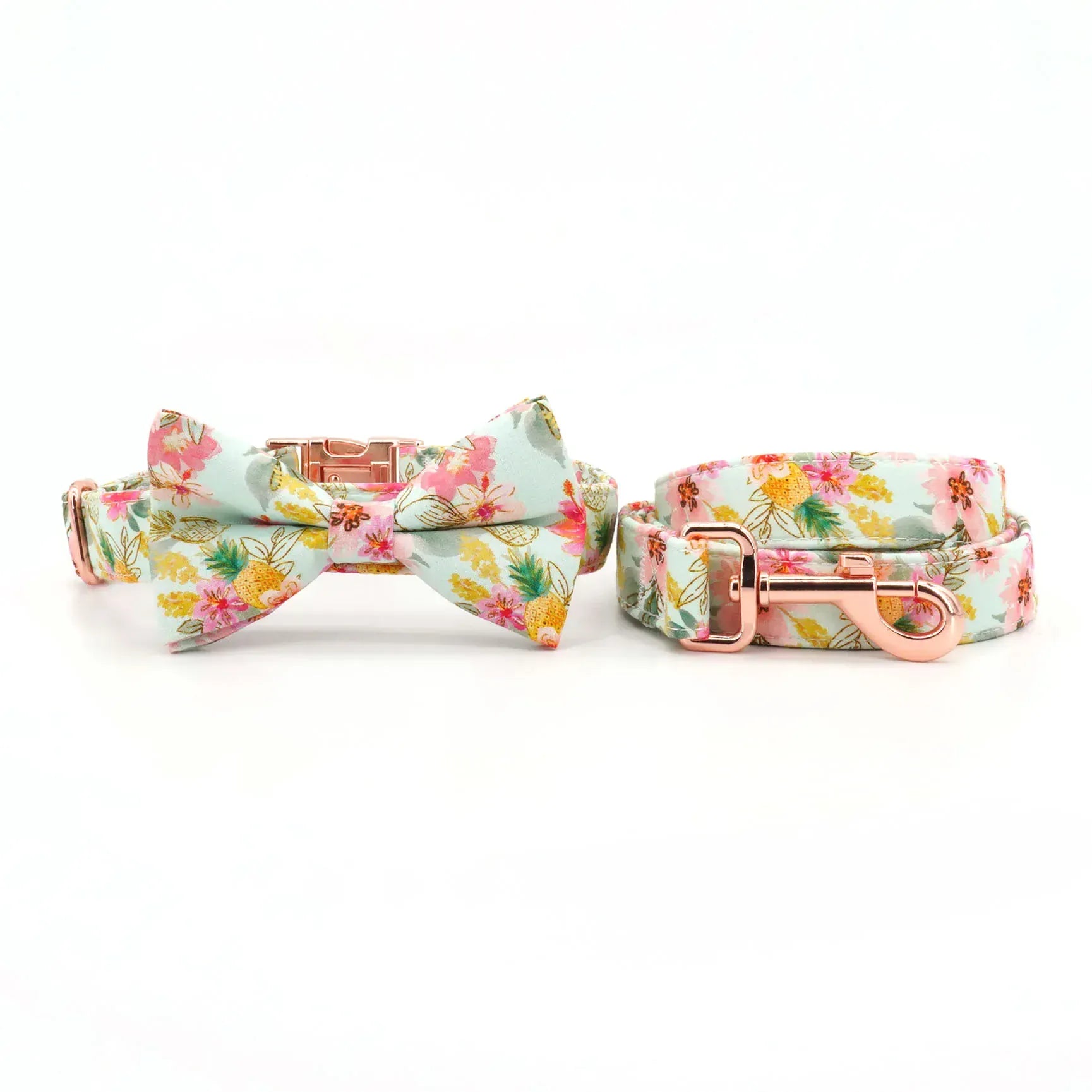 DDPaws  collar bow leash / M Tropical Pineapple Dog Collar Bowtie with Matching Leash,Engrave Name Telphone No