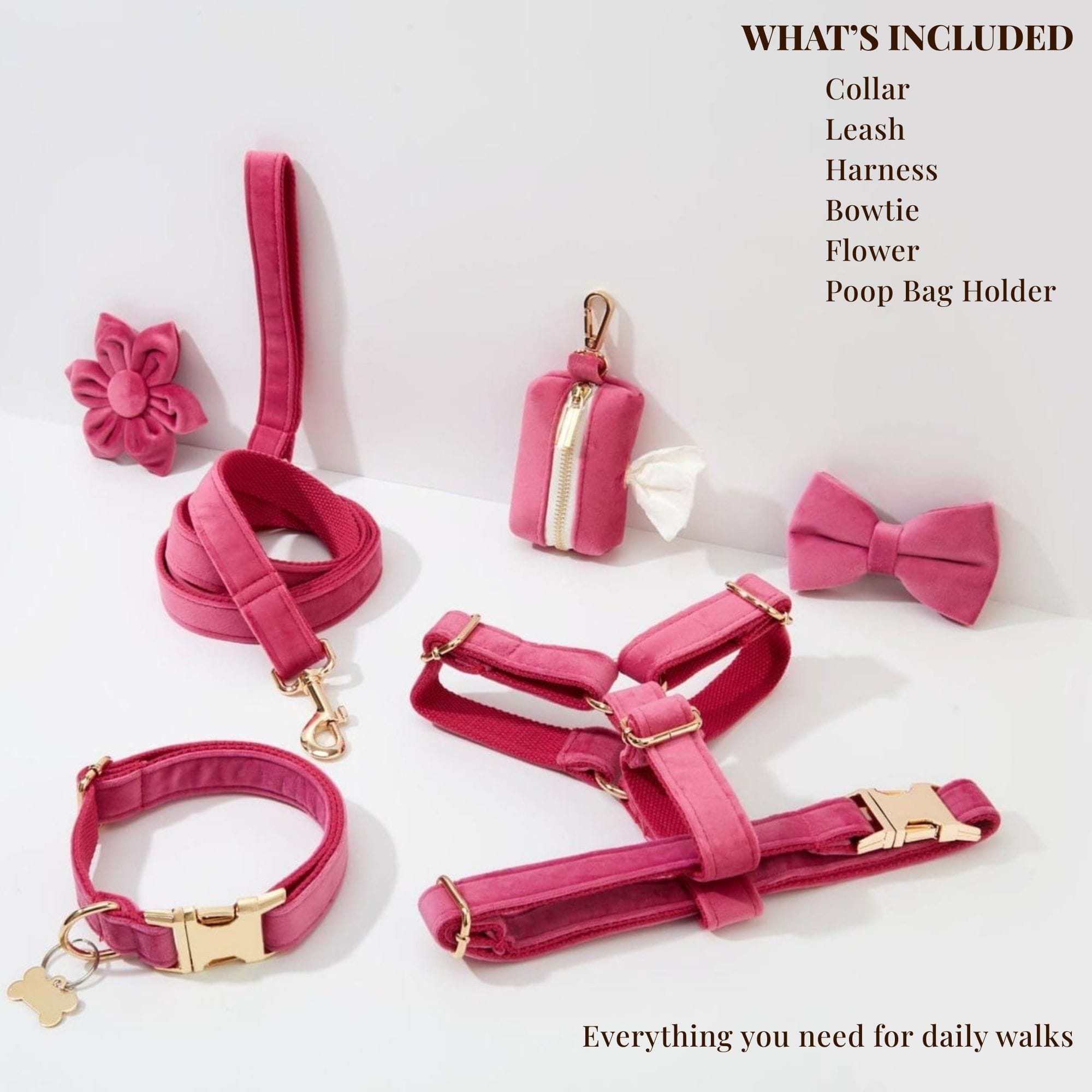 DDPaws  Rose Red Velvet Dog Collar Leash and Harness Set