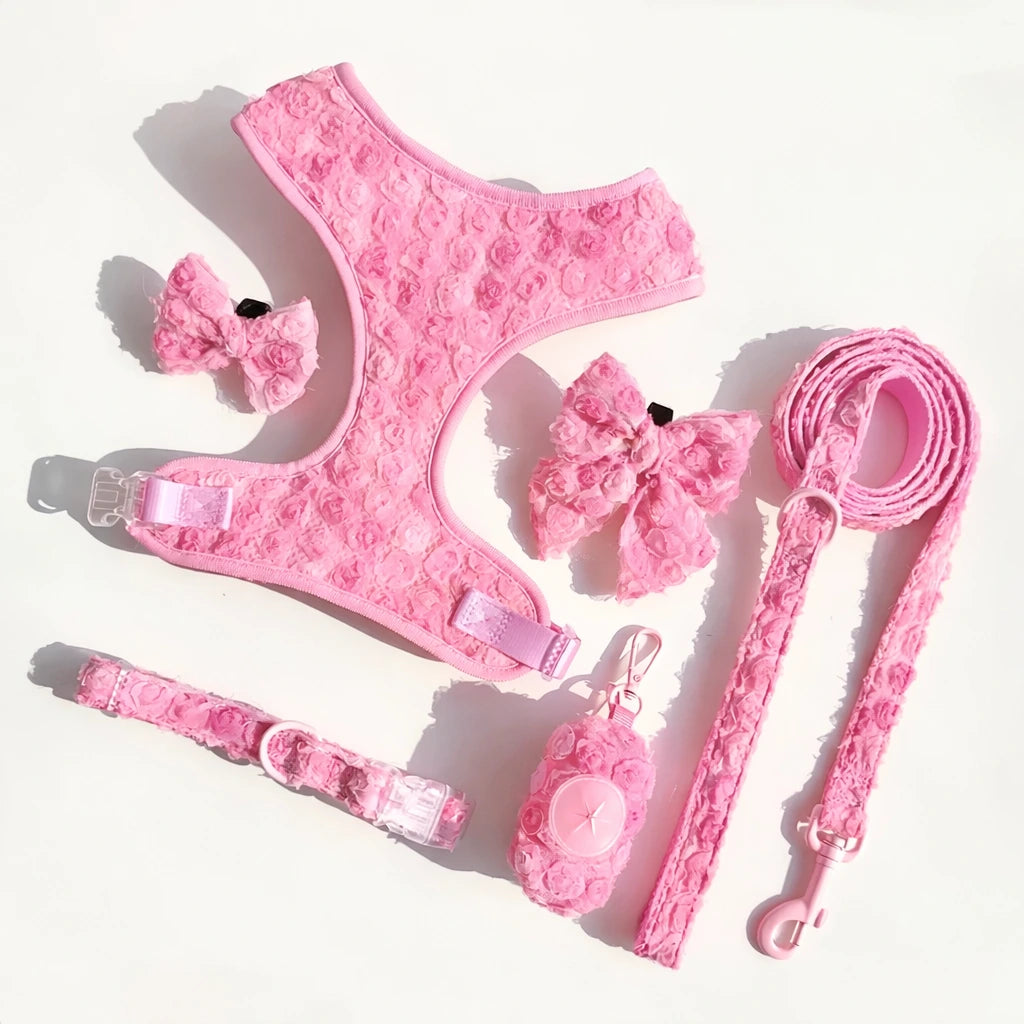 Valentine Rose Dog Harness, Collar & Leash Set – Floral Puppy Walking Set