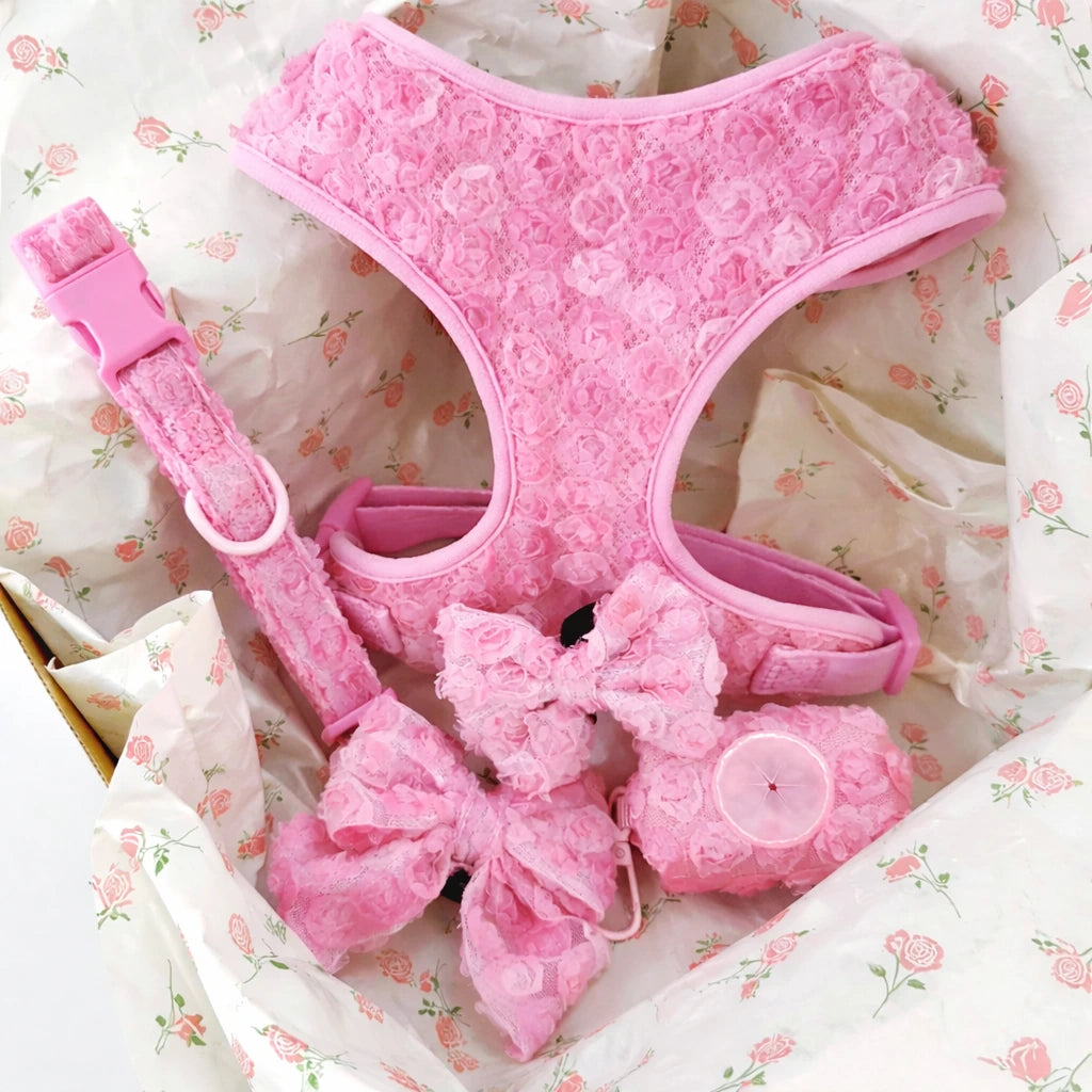 Valentine Rose Dog Harness, Collar & Leash Set – Floral Puppy Walking Set