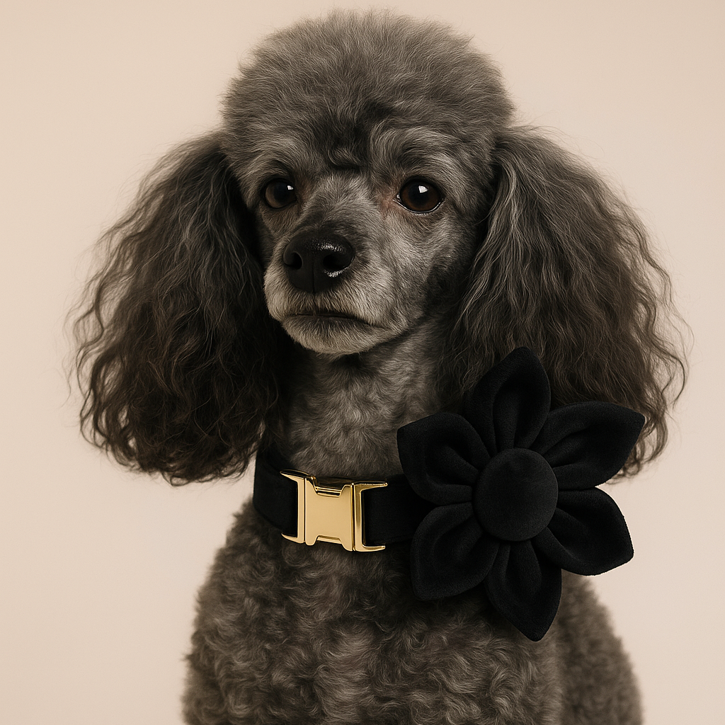 Gray poodle wearing a black flower-shaped collar with a gold buckle on a beige background