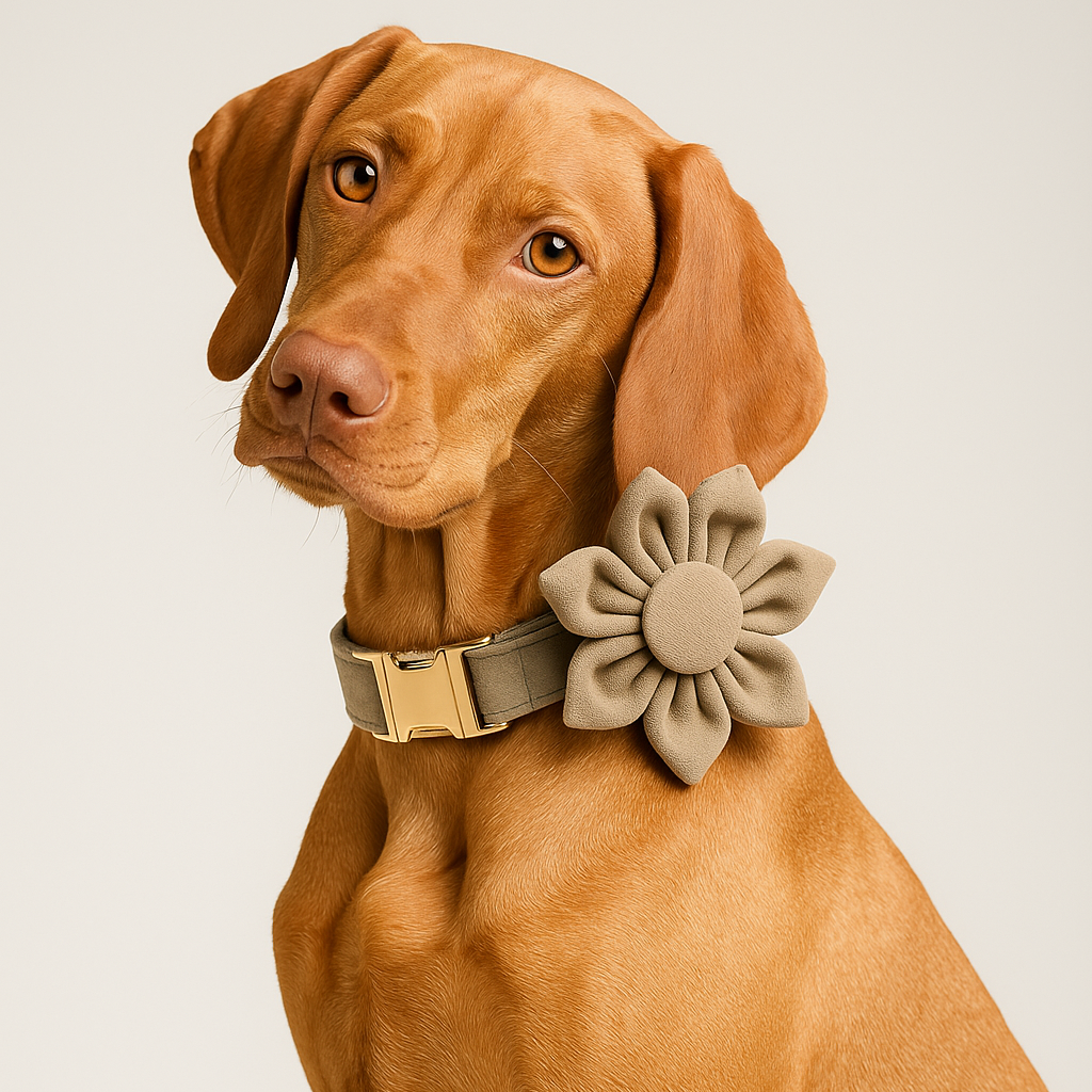 Brown dog wearing a decorative collar with a flower design on a plain background