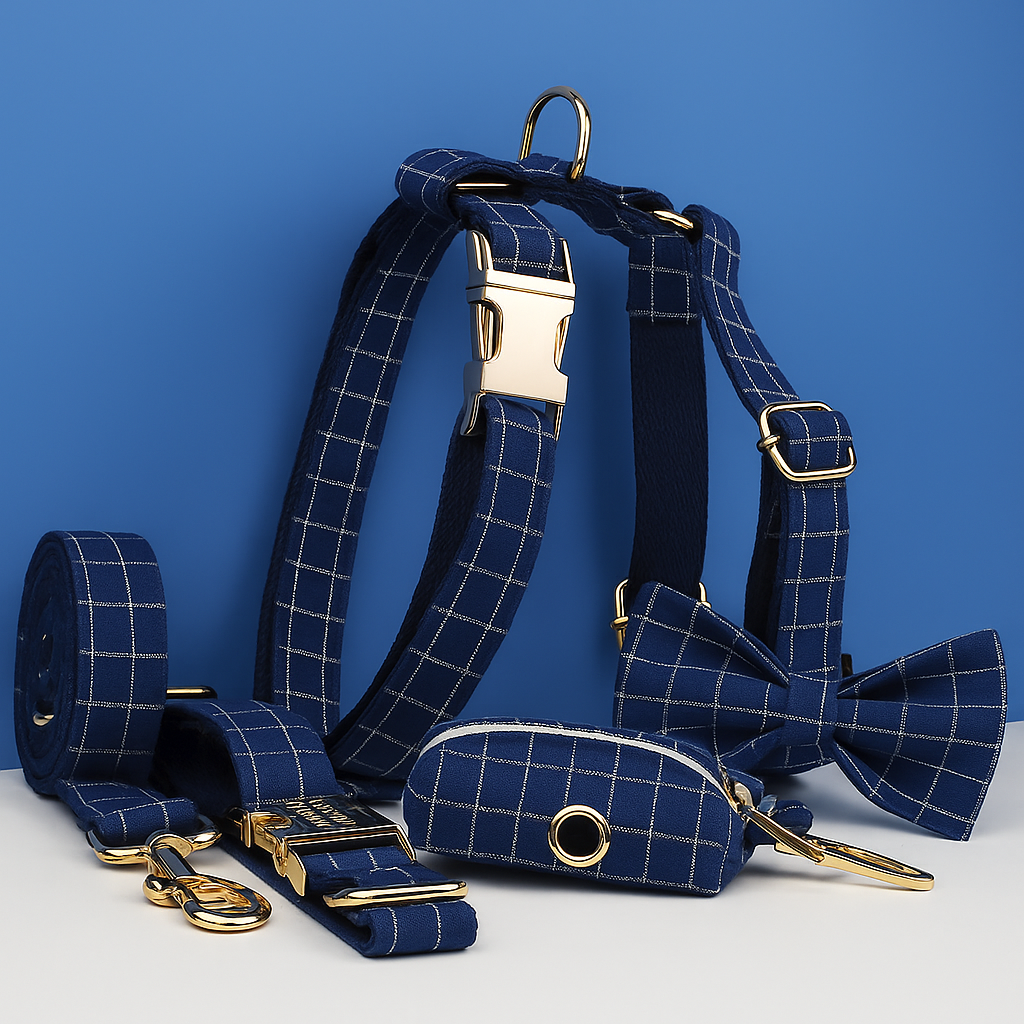 Plaid Dark Blue Personalized Dog Collar, Leash & Harness Set