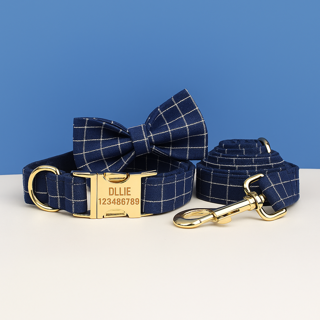 Plaid Dark Blue Personalized Dog Collar, Leash & Harness Set