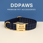 Plaid Dark Blue Personalized Dog Collar, Leash & Harness Set