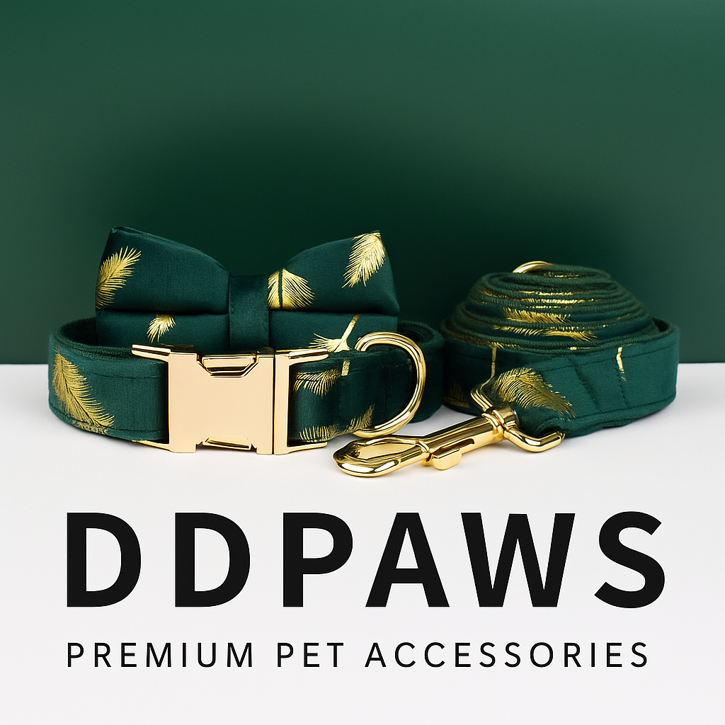 Green Feather Velvet Personalized Dog Collar, Leash & Harness Set