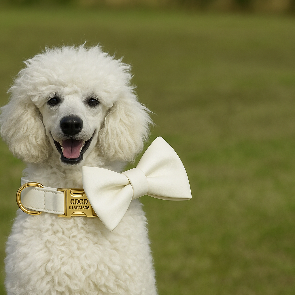 White Leather Personalized Dog Collar, Leash & Harness Set