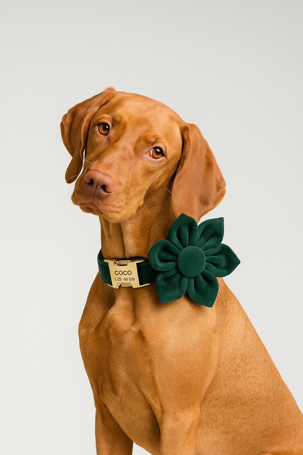 Green Velvet Personalized Dog Collar, Leash & Harness Set