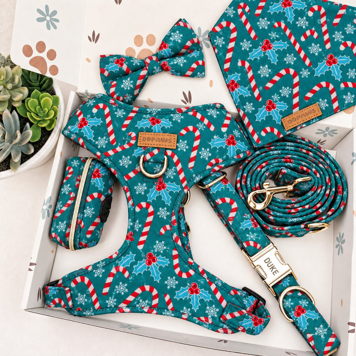 Designed Christmas Candy Cane Dog Harness Set