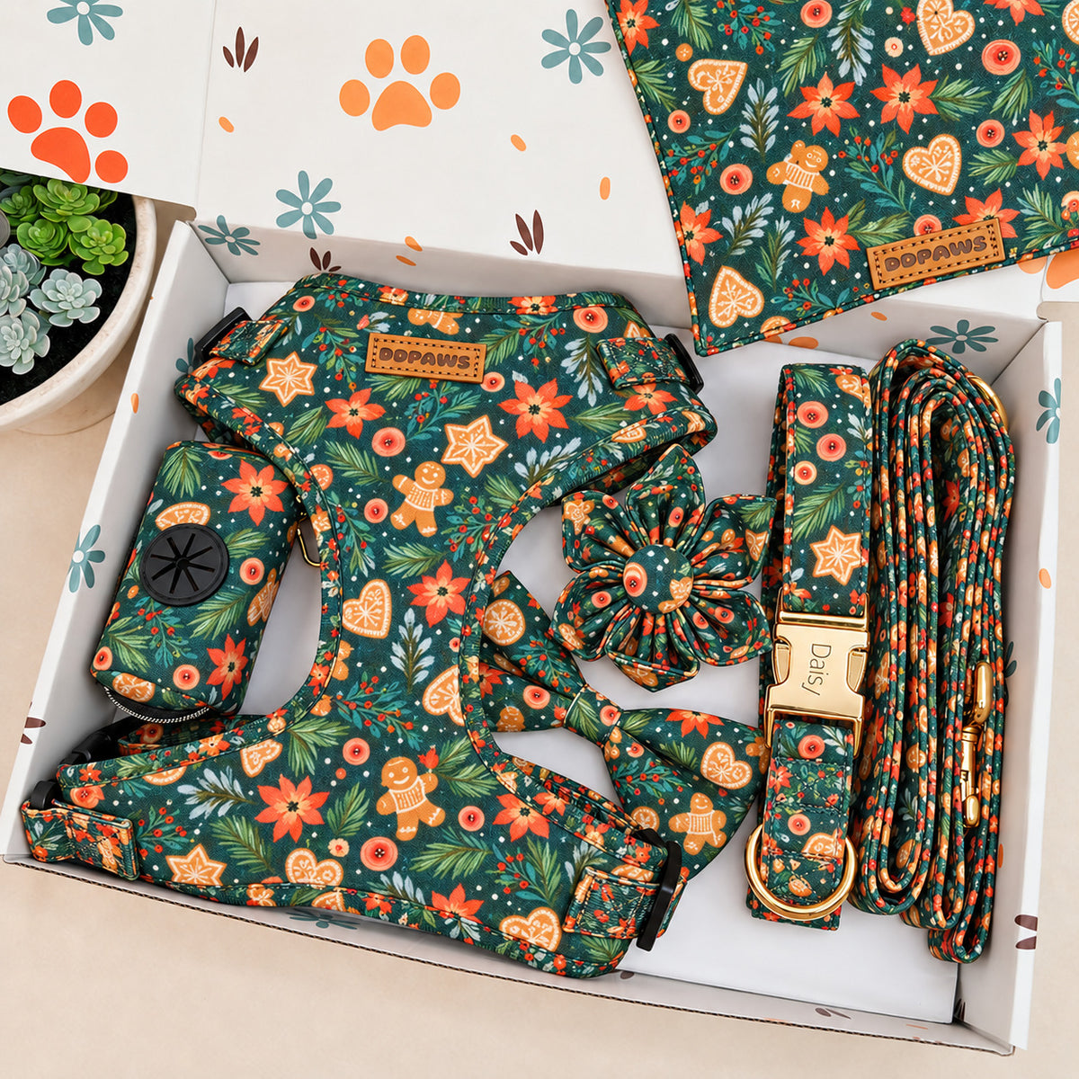 Designed Christmas Gingerbread Dog Harness Set