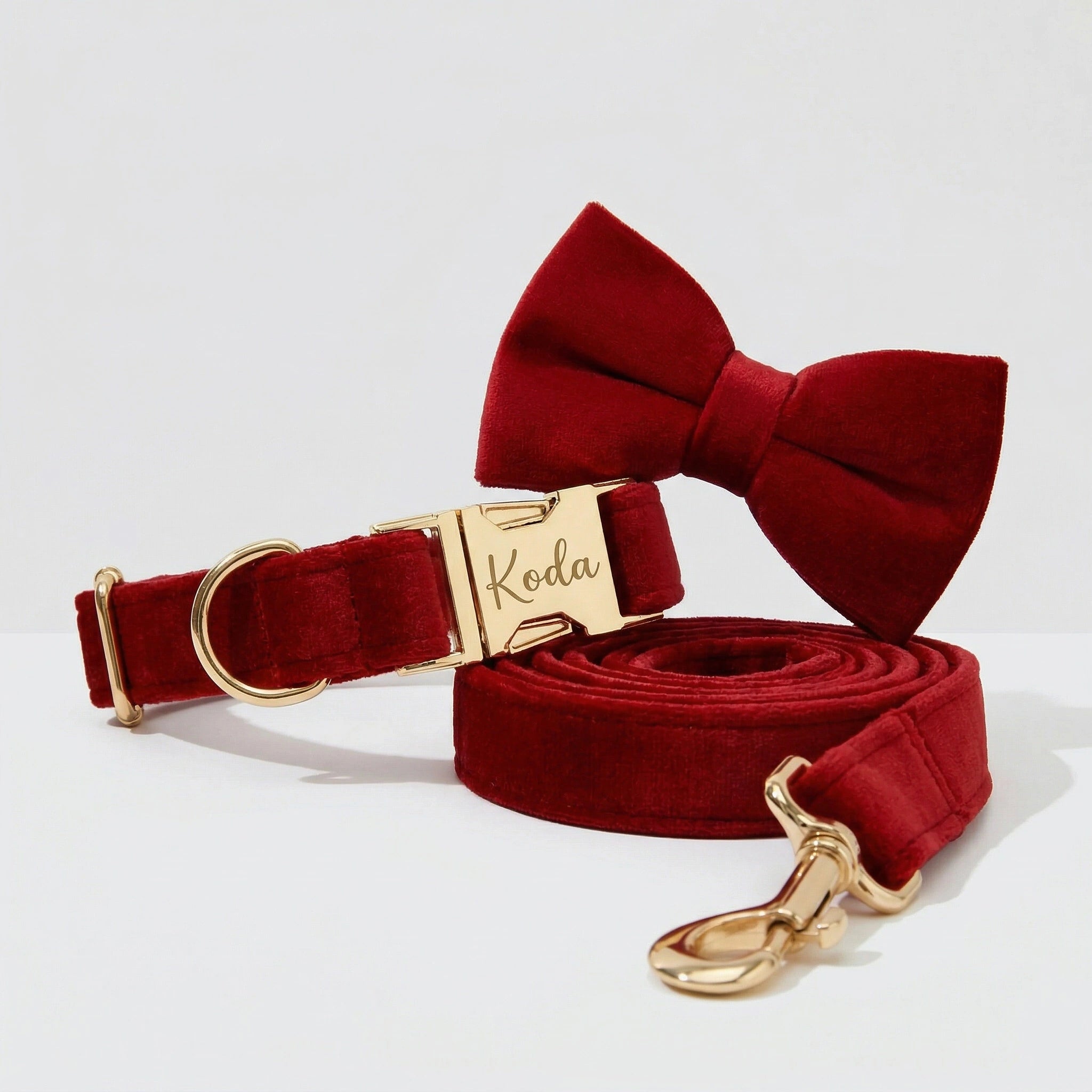 Red Wine Velvet Collar Leash Set