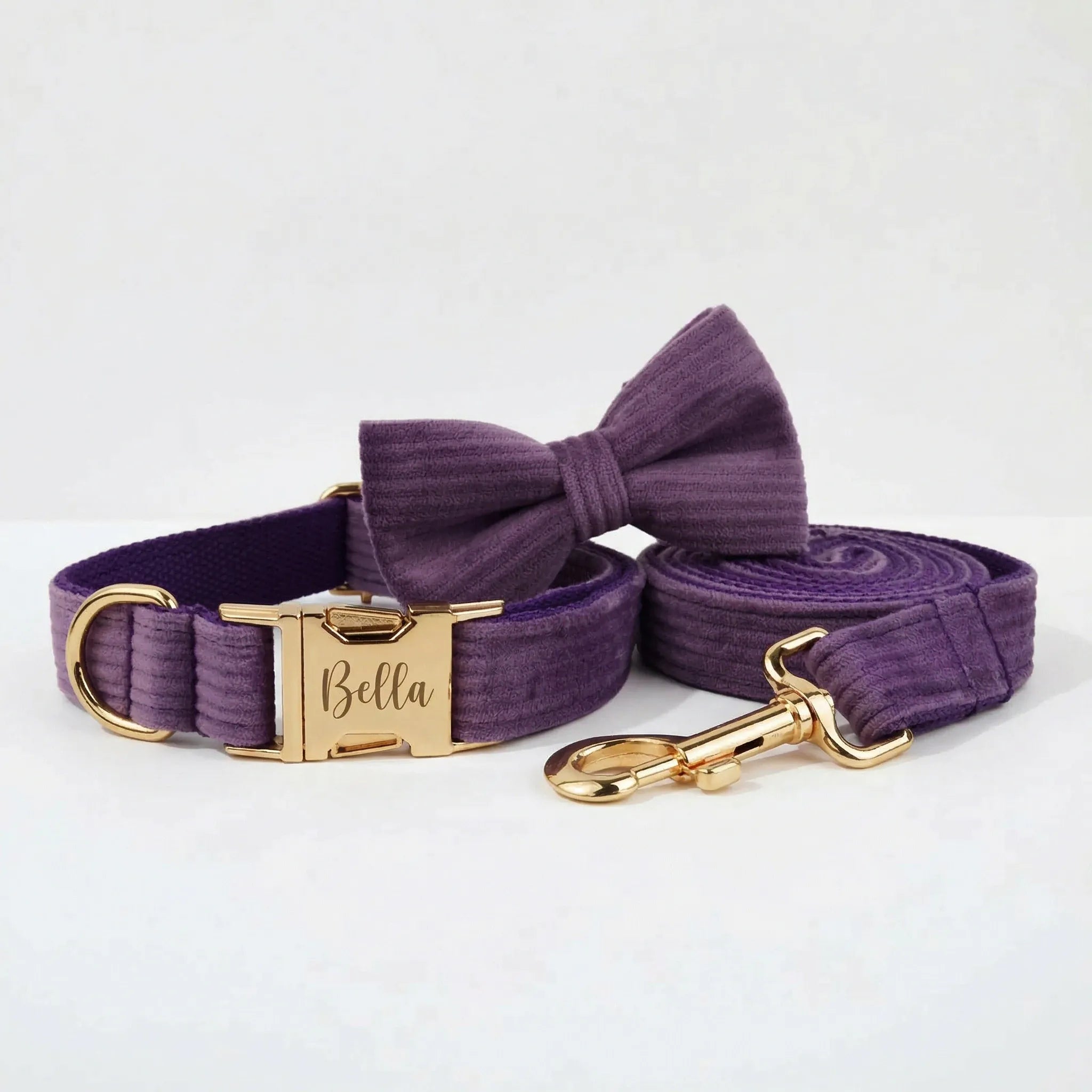 DDPaws Collar + Leash + Bowtie / XS Purple Corduroy Set