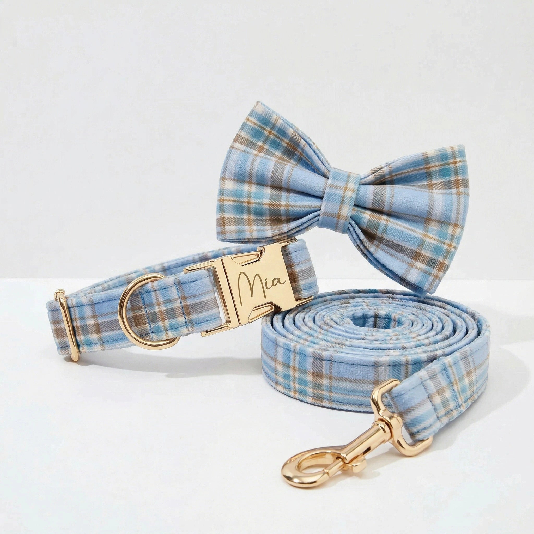 Blue Plaid Collar Leash Set