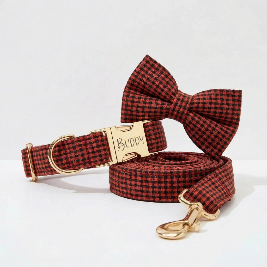 Plaid Gray Lattice Designer Collar Leash Set