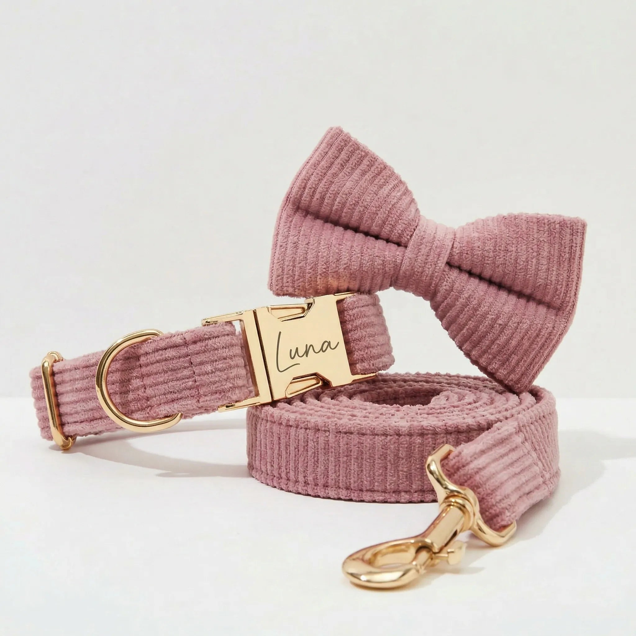 DDPaws Collar + Leash + Bowtie / XS Corduroy Dusty Pink Set