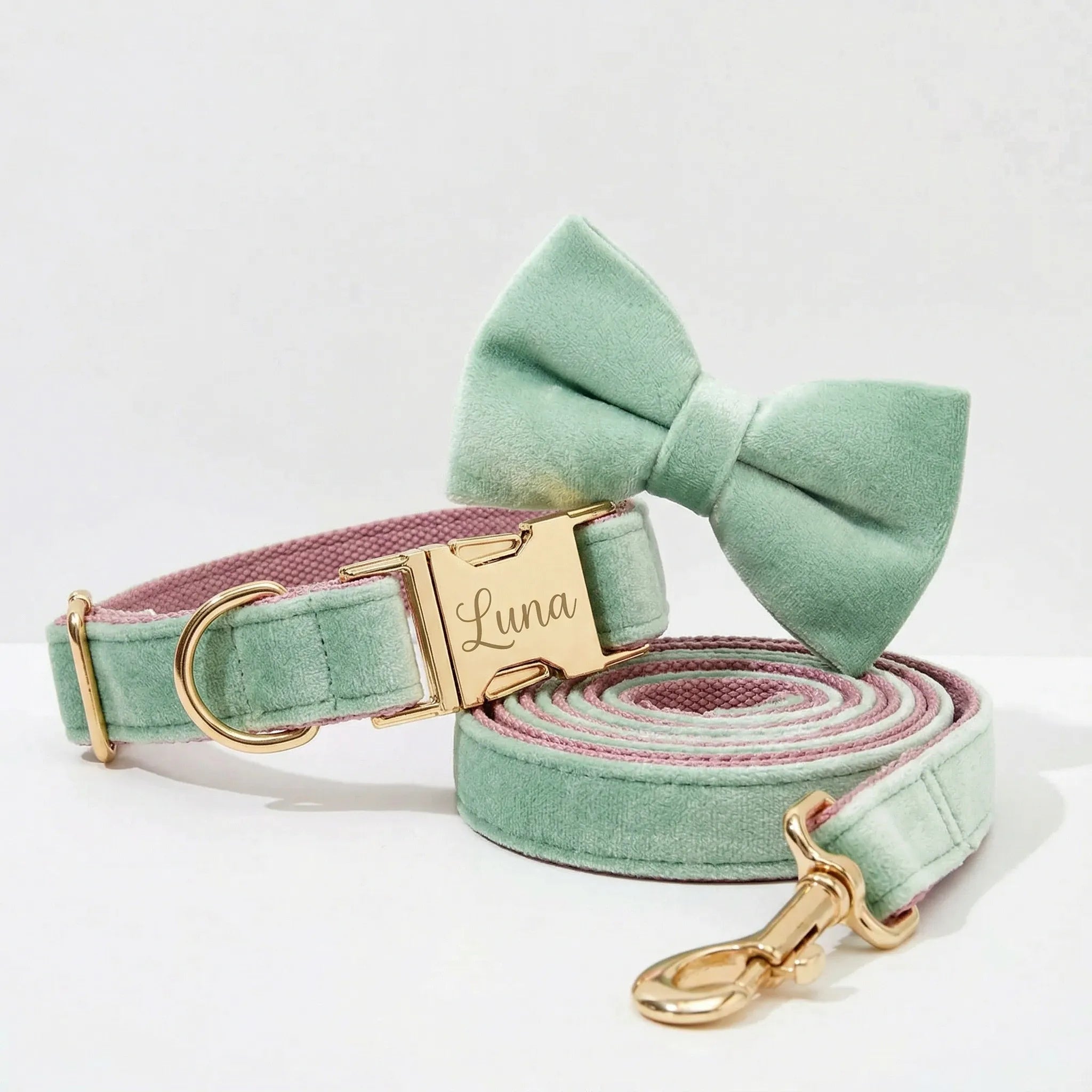 Mint Green Pink Velvet Collar Leash Set