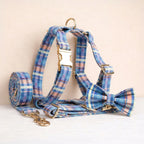DDPaws  Collar + Harness + Leash + Bowtie / XS Blue Plaid Set
