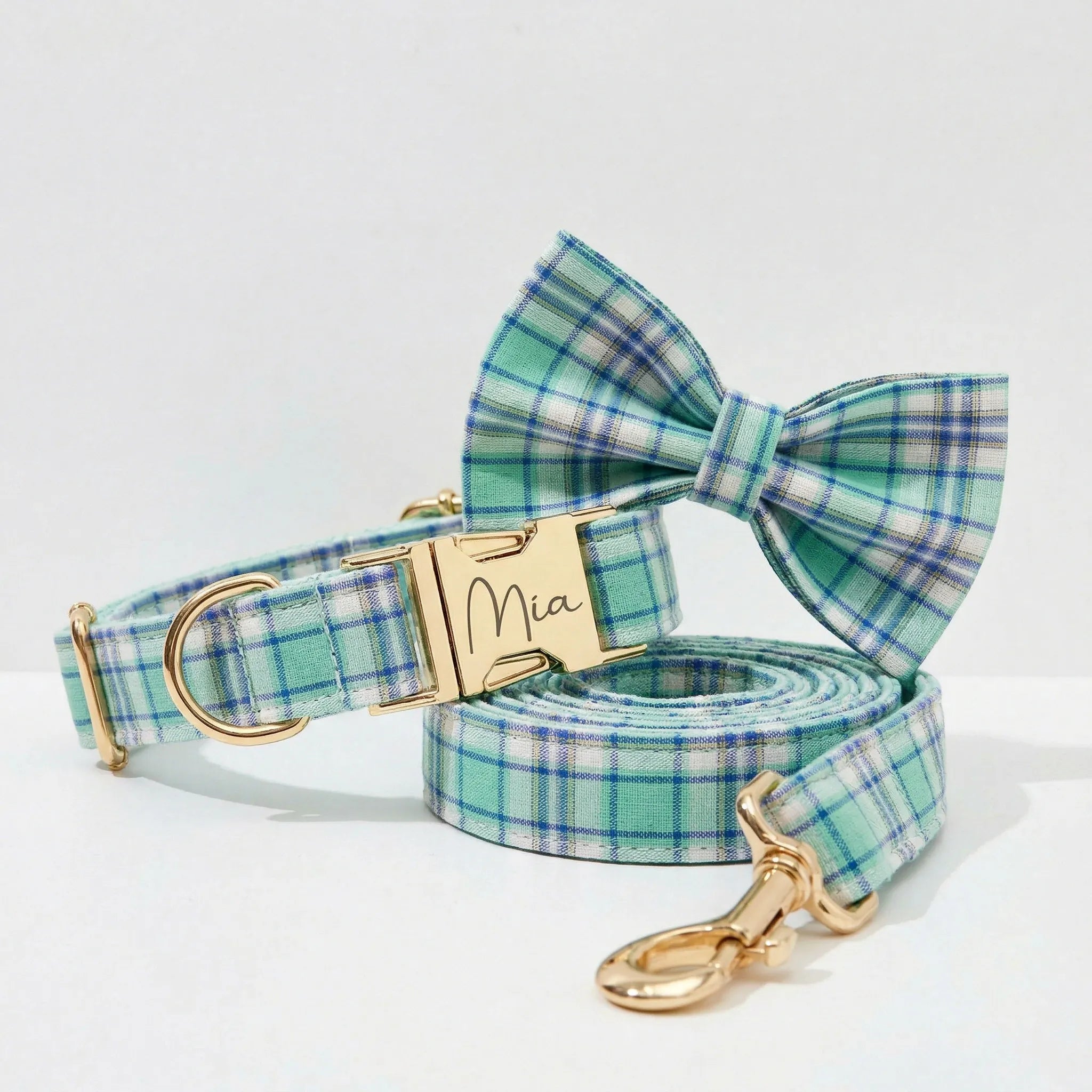 Lake Water Green Plaid Collar Leash Set