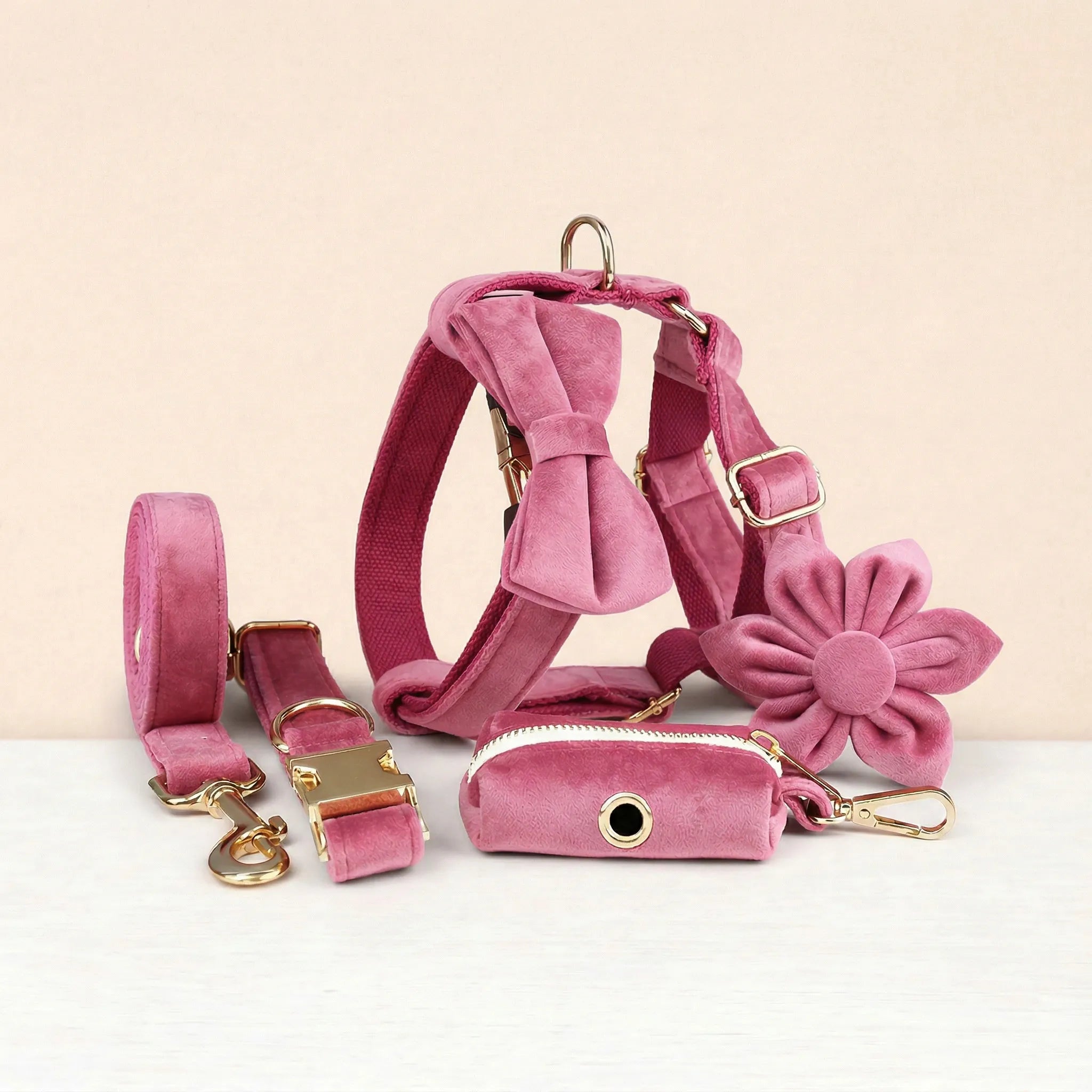 DDPaws  Rose Red Velvet Dog Collar Leash and Harness Set