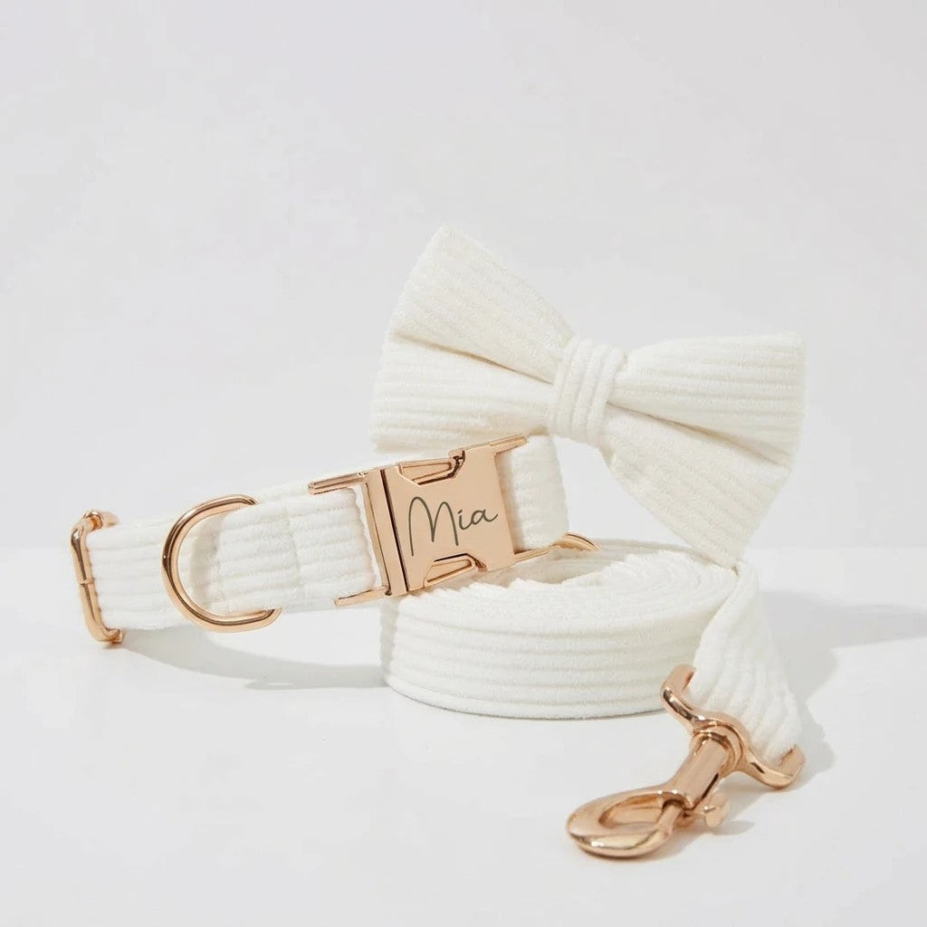 White Corduroy Collar Leash Set