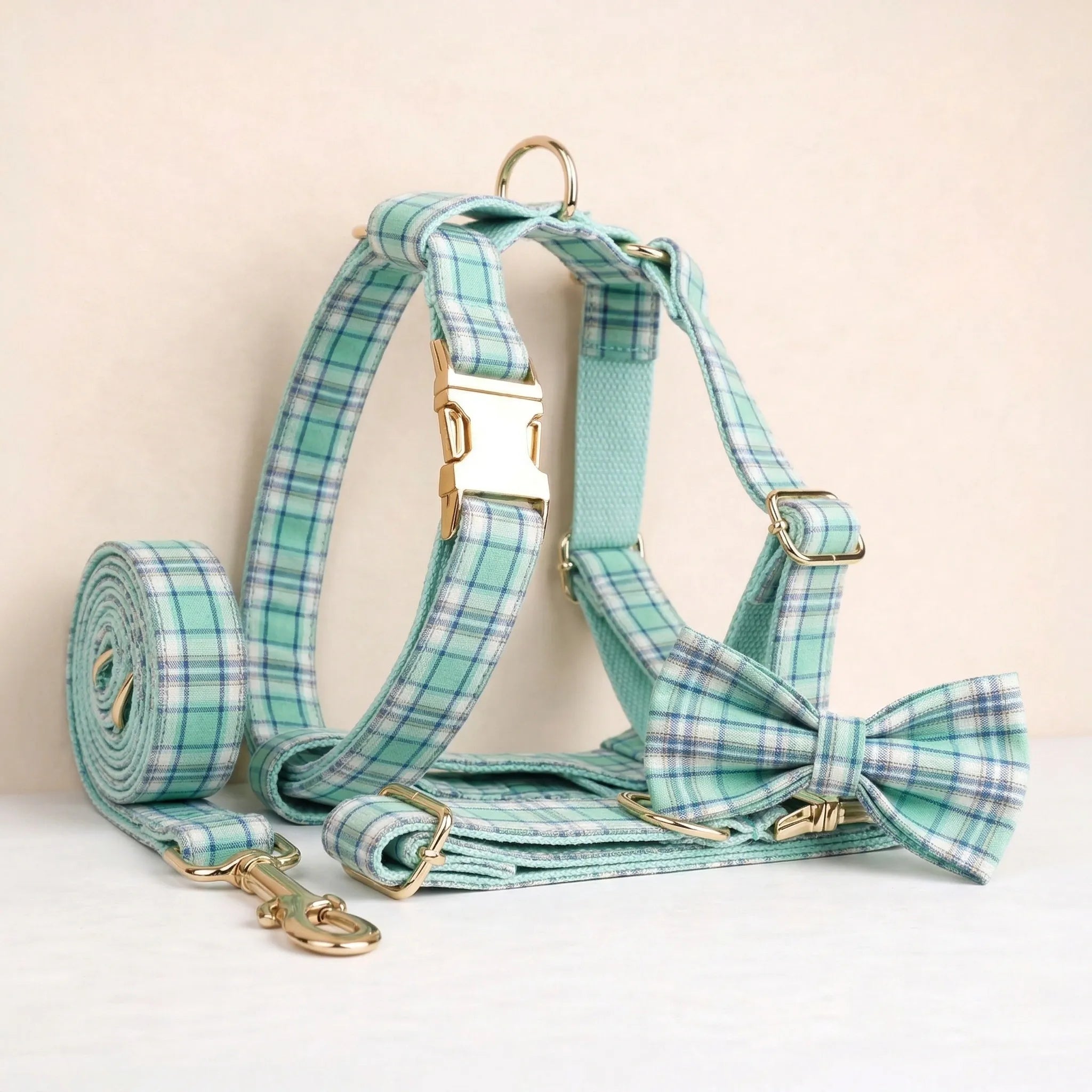 DDPaws  Lake Water Green Plaid Dog Collar Leash and Harness Set
