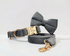 D&D Paws Collar + Leash + Bowtie / XS Dark Grey Velvet Set