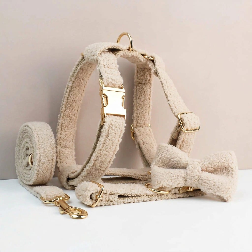 D&D Paws  Collar + Harness + Leash + Bowtie / XS Beige Teddy Set