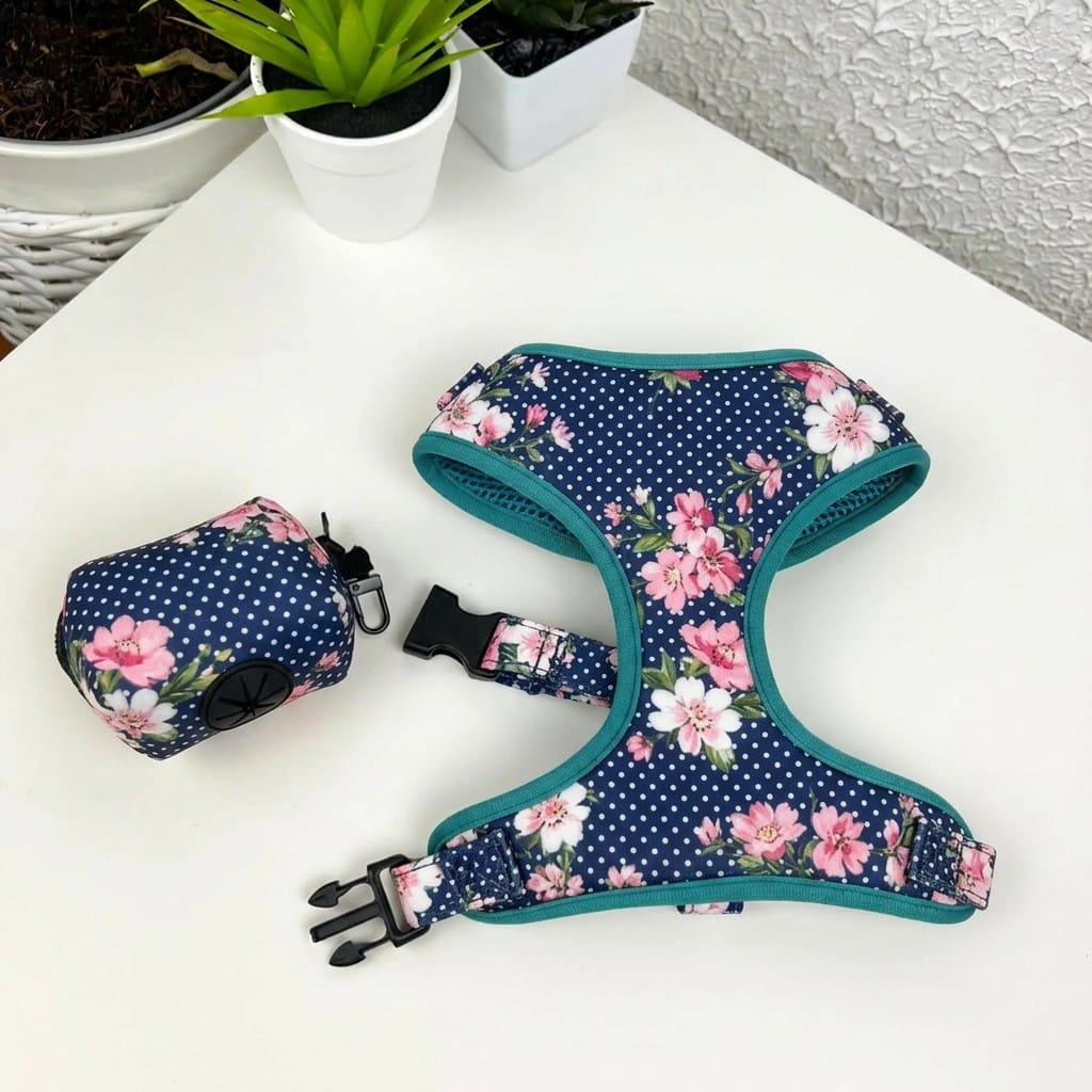 D&D Paws Harness Designed Navy Floral Dog Vest Set