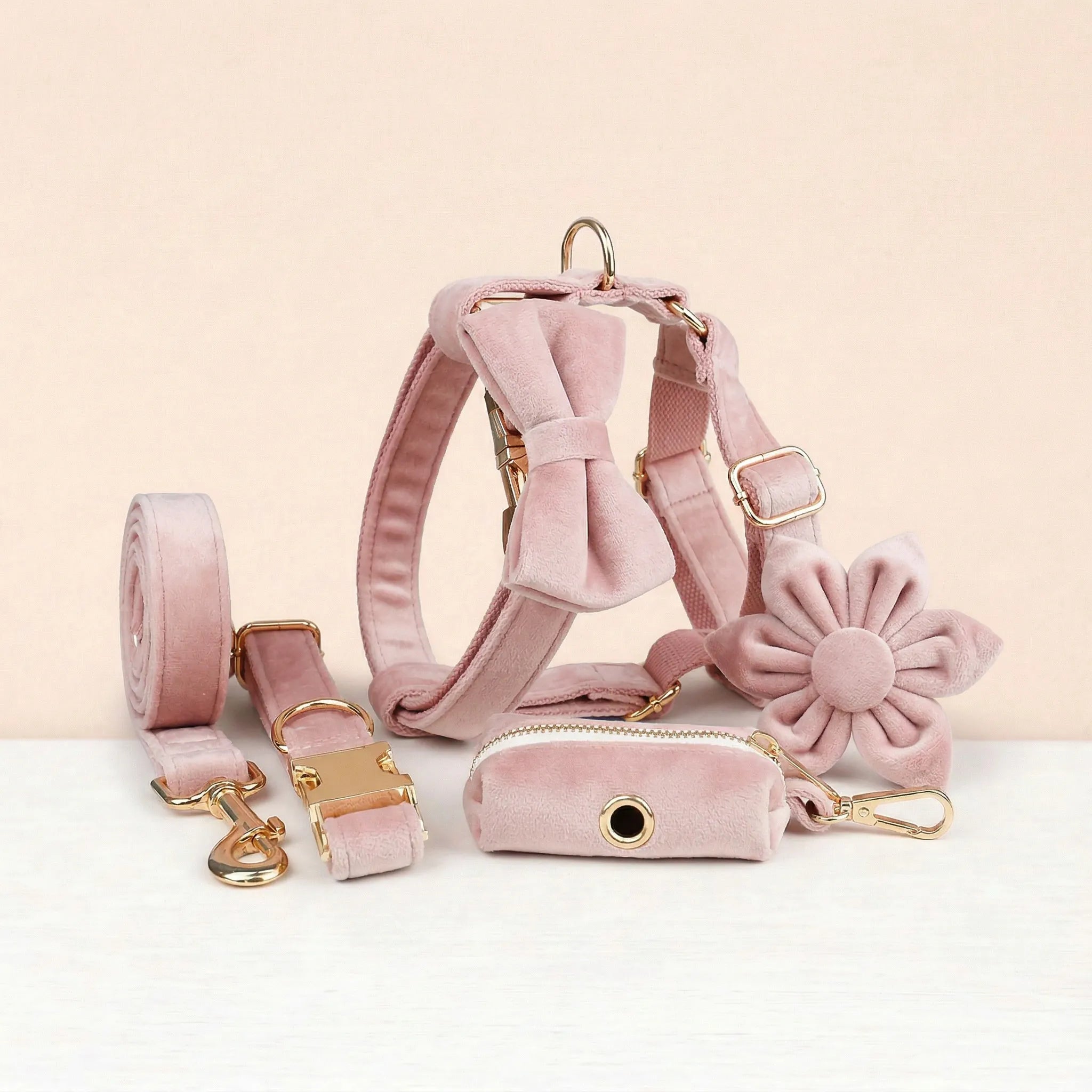 DDPaws  Pale Pink Velvet Dog Collar Leash and Harness Set