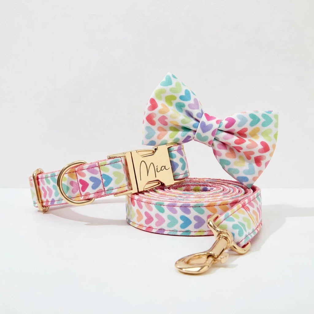 Pink Hearts Print Collar Leash Set